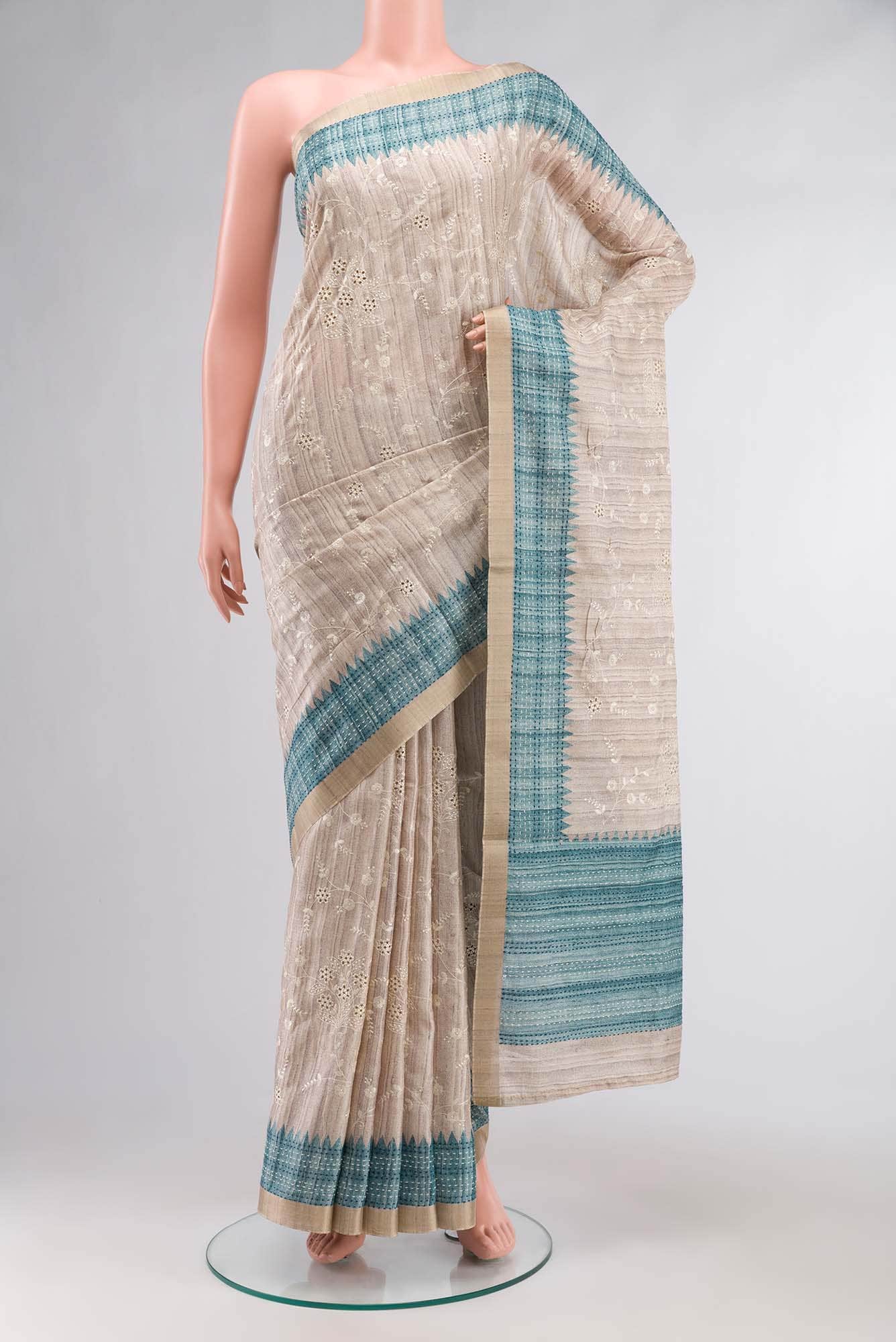 Beige Blended Tussar Silk Saree