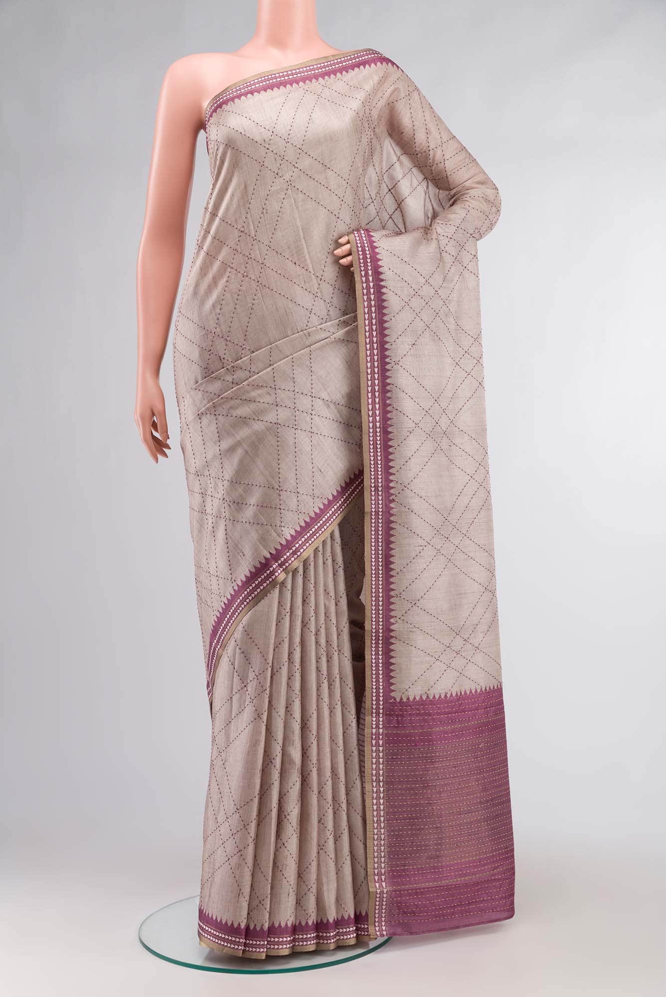 Beige Blended Tussar Silk Saree