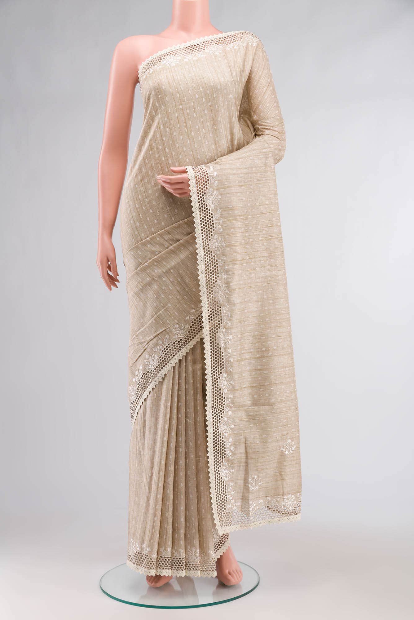 Beige Blended Tussar Silk Saree