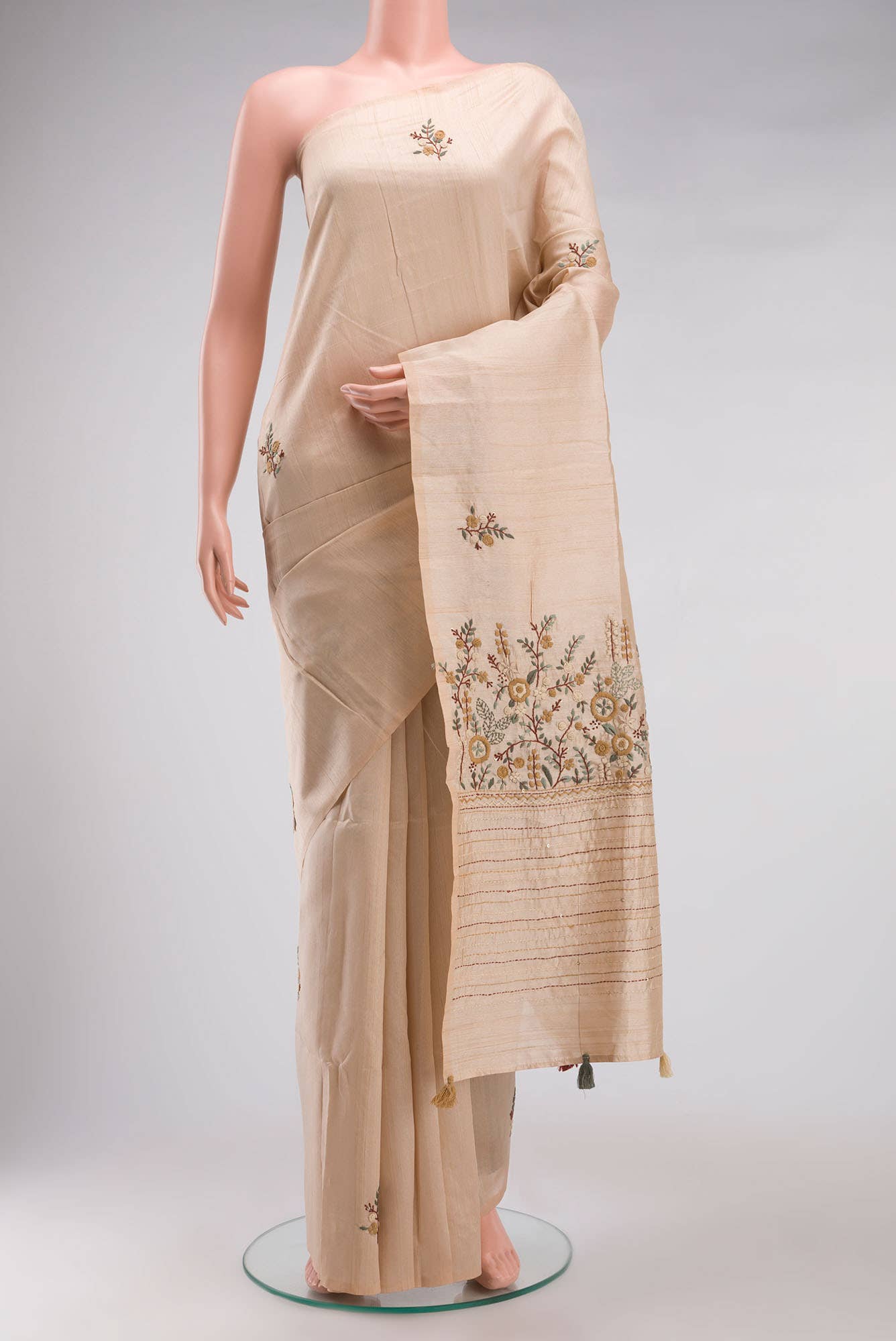 Beige Blended Tussar Silk Saree