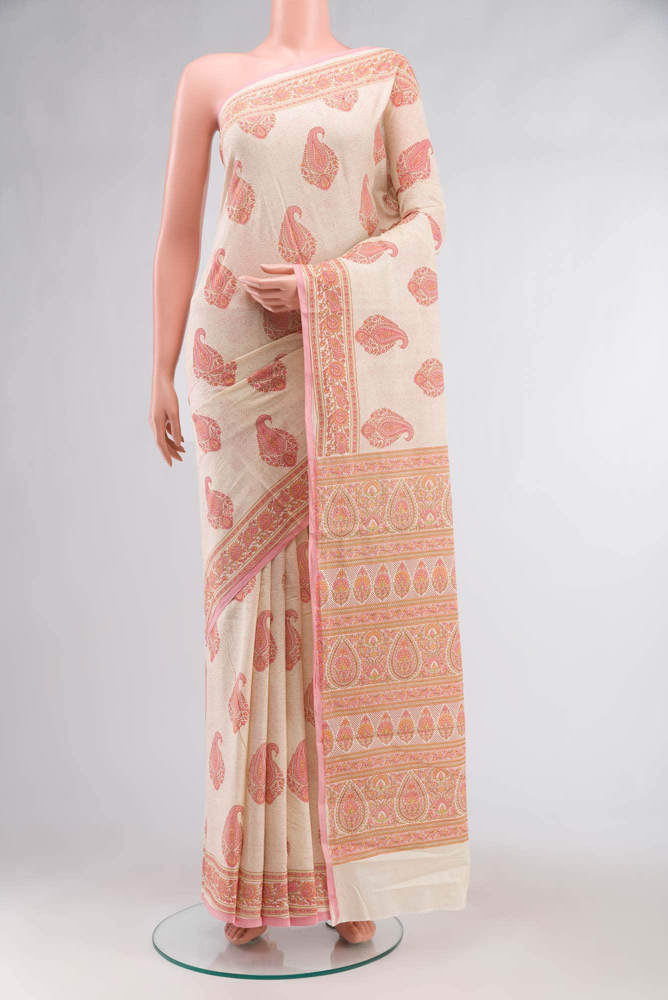 Cream Printed Cotton Saree