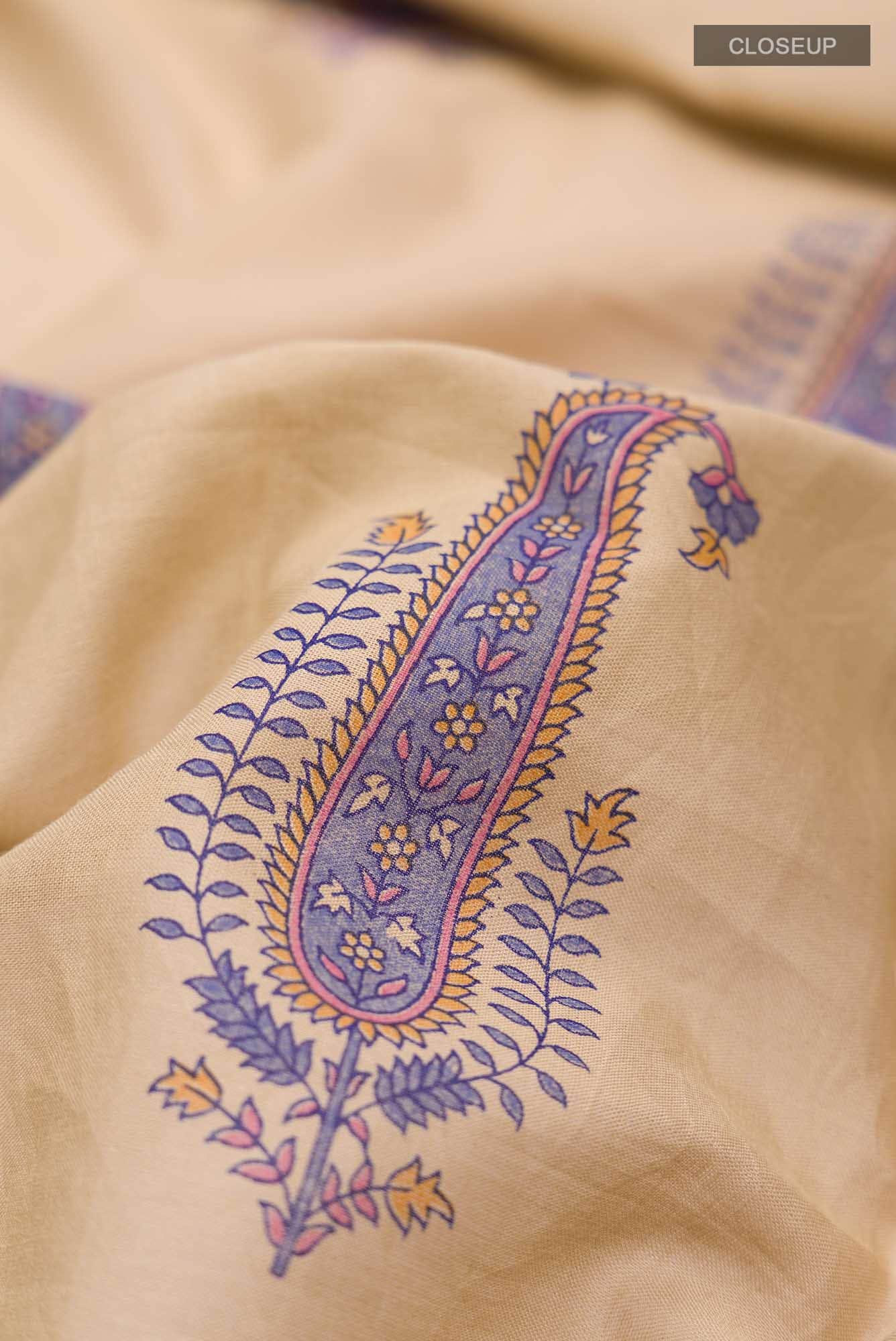Beige Printed Cotton Saree