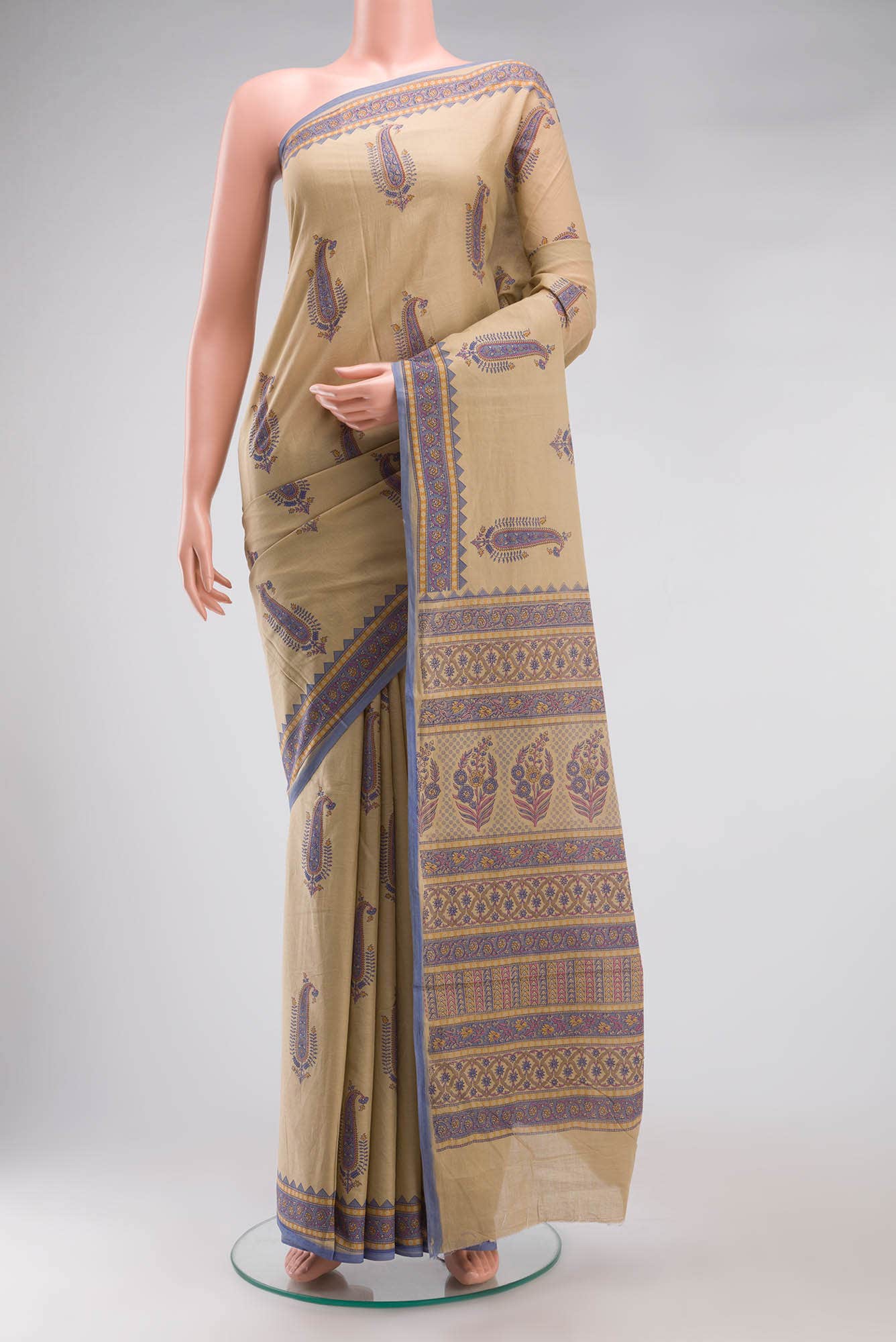Beige Printed Cotton Saree
