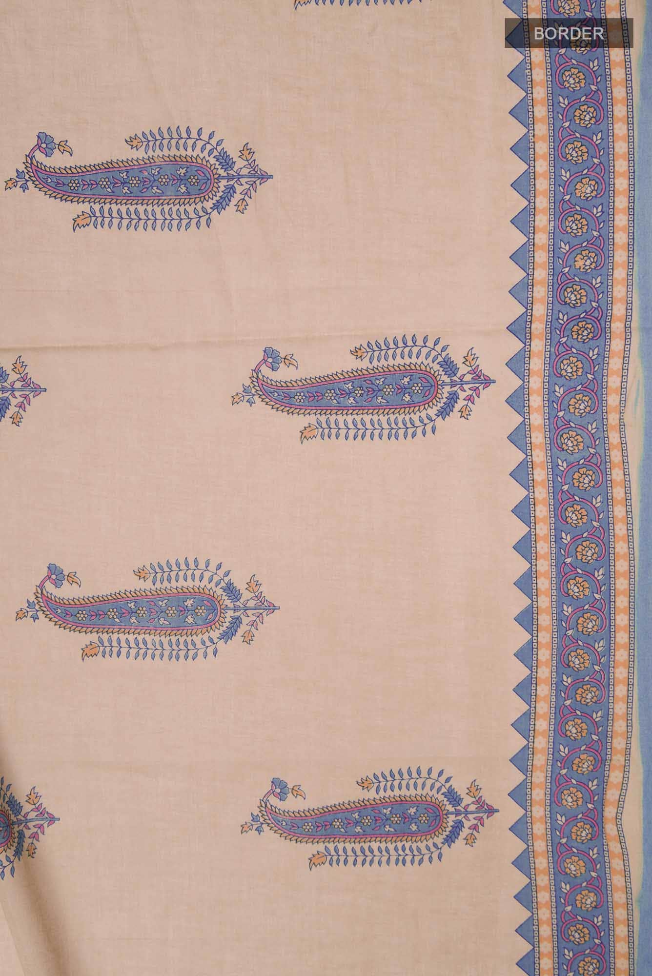 Dark Beige Printed Cotton Saree with Contrast Border