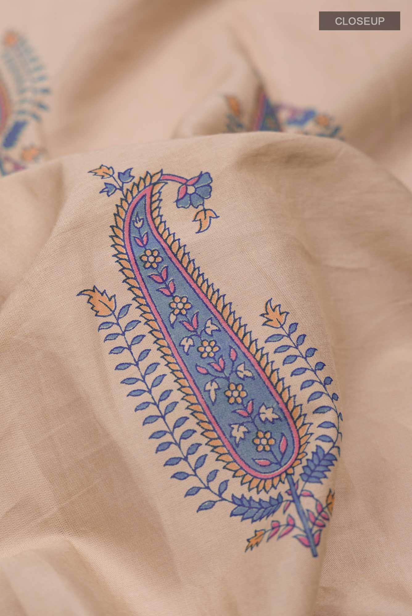 Dark Beige Printed Cotton Saree with Contrast Border