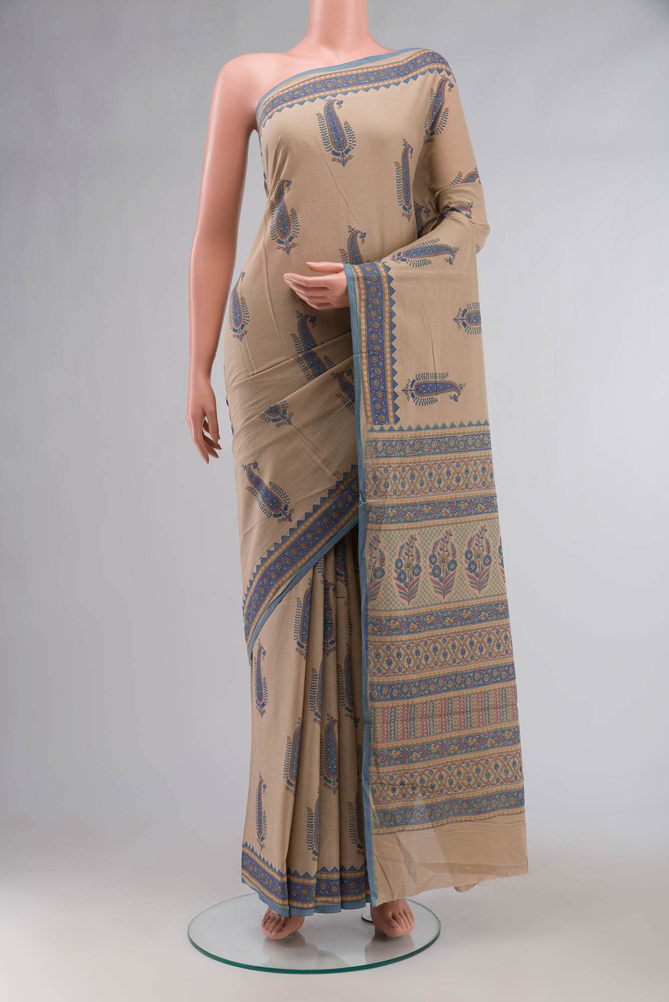 Dark Beige Printed Cotton Saree with Contrast Border