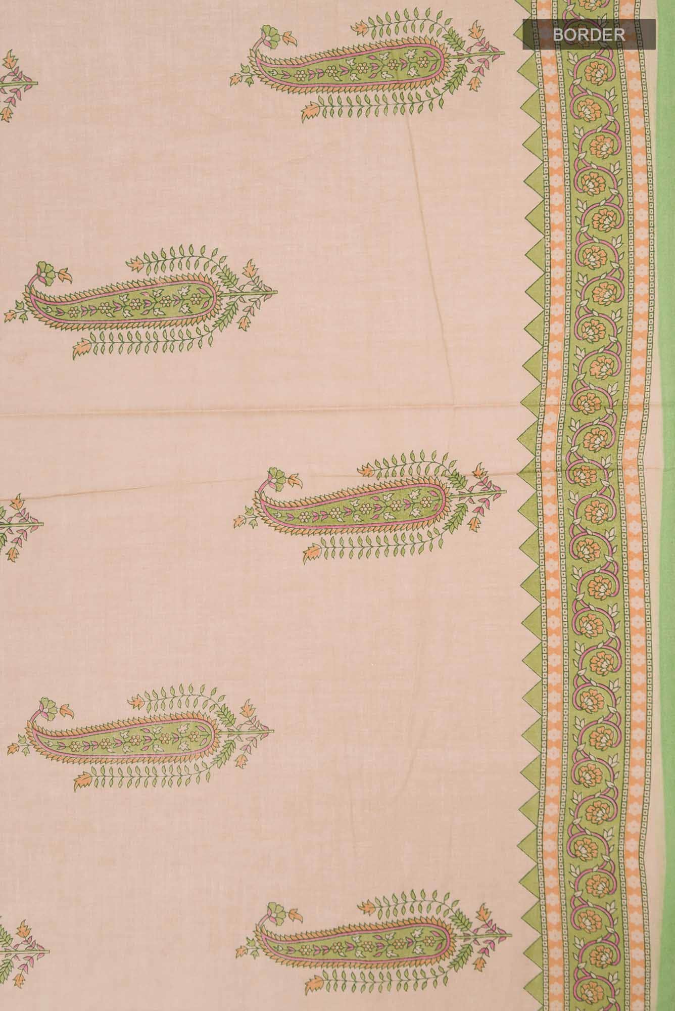 Dark Beige Printed Cotton Saree with Contrast Border