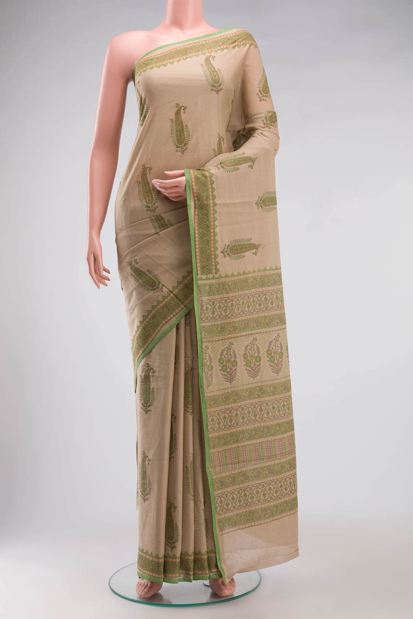 Dark Beige Printed Cotton Saree with Contrast Border