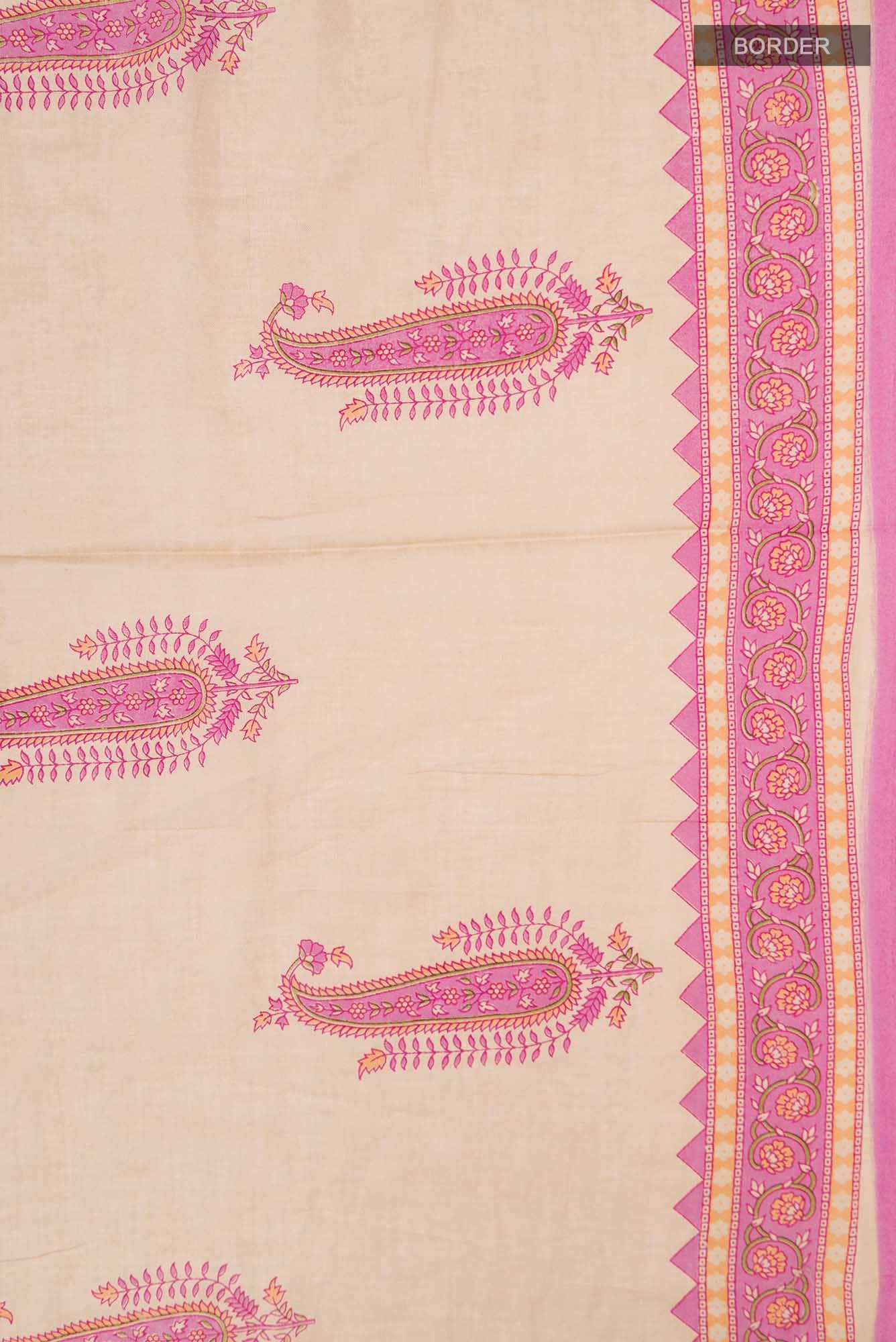 Dark Beige Printed Cotton Saree with Contrast Border