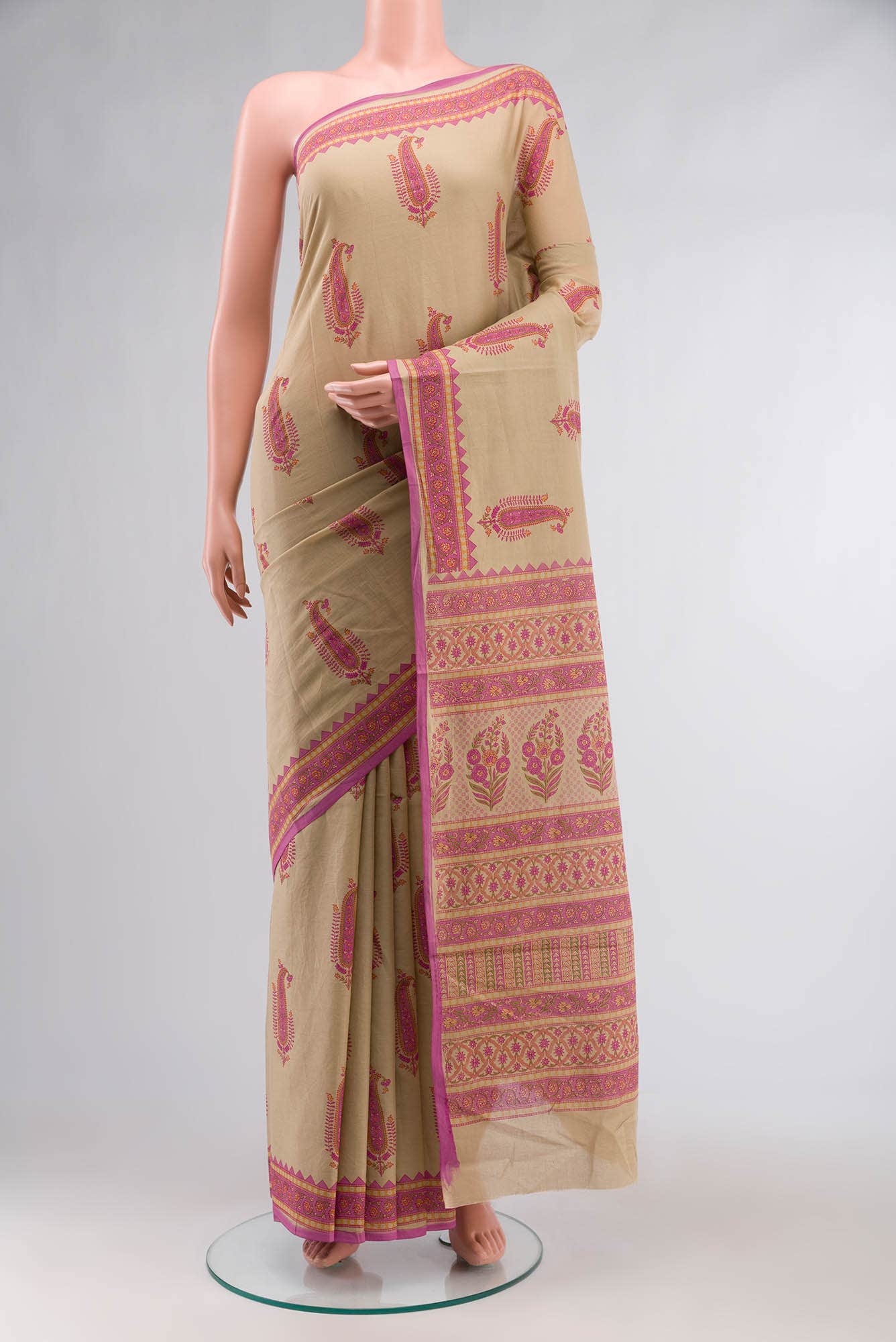 Dark Beige Printed Cotton Saree with Contrast Border