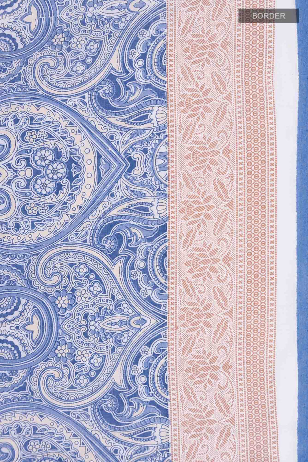 Blue Printed Cotton Saree with Contrast Border