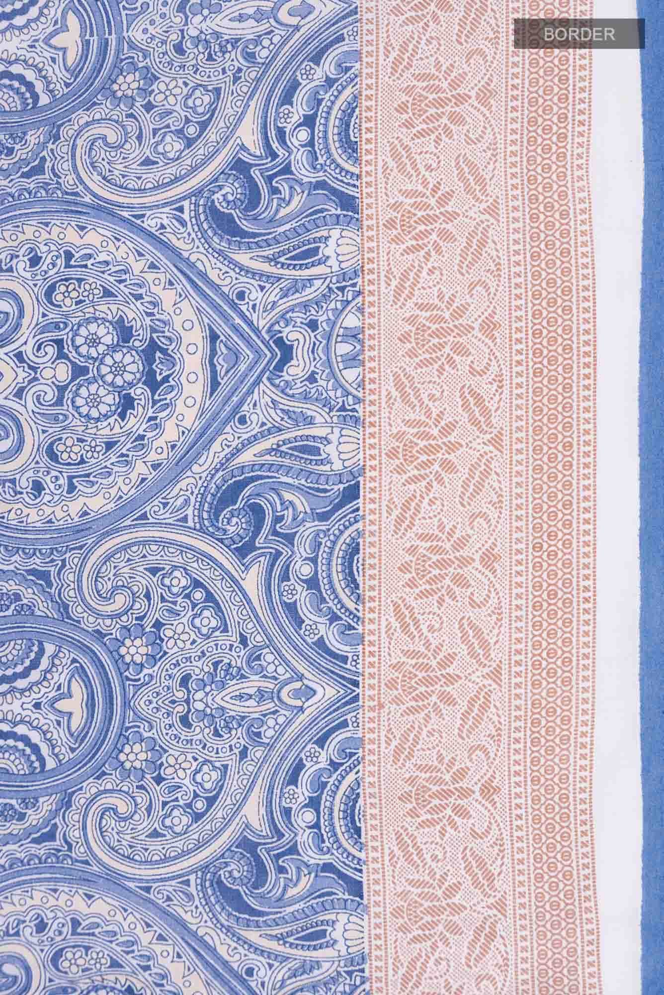 Blue Printed Cotton Saree with Contrast Border