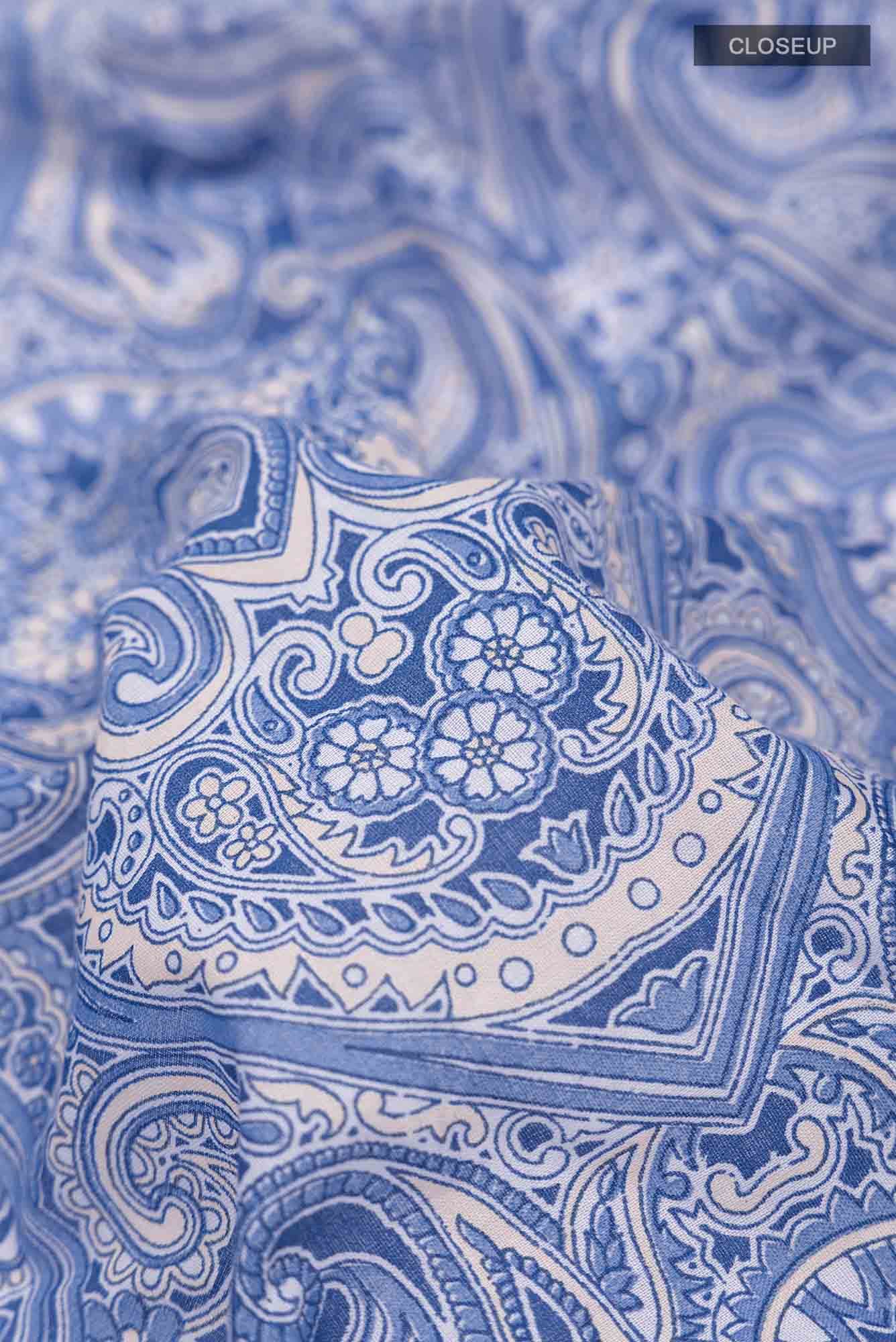 Blue Printed Cotton Saree with Contrast Border