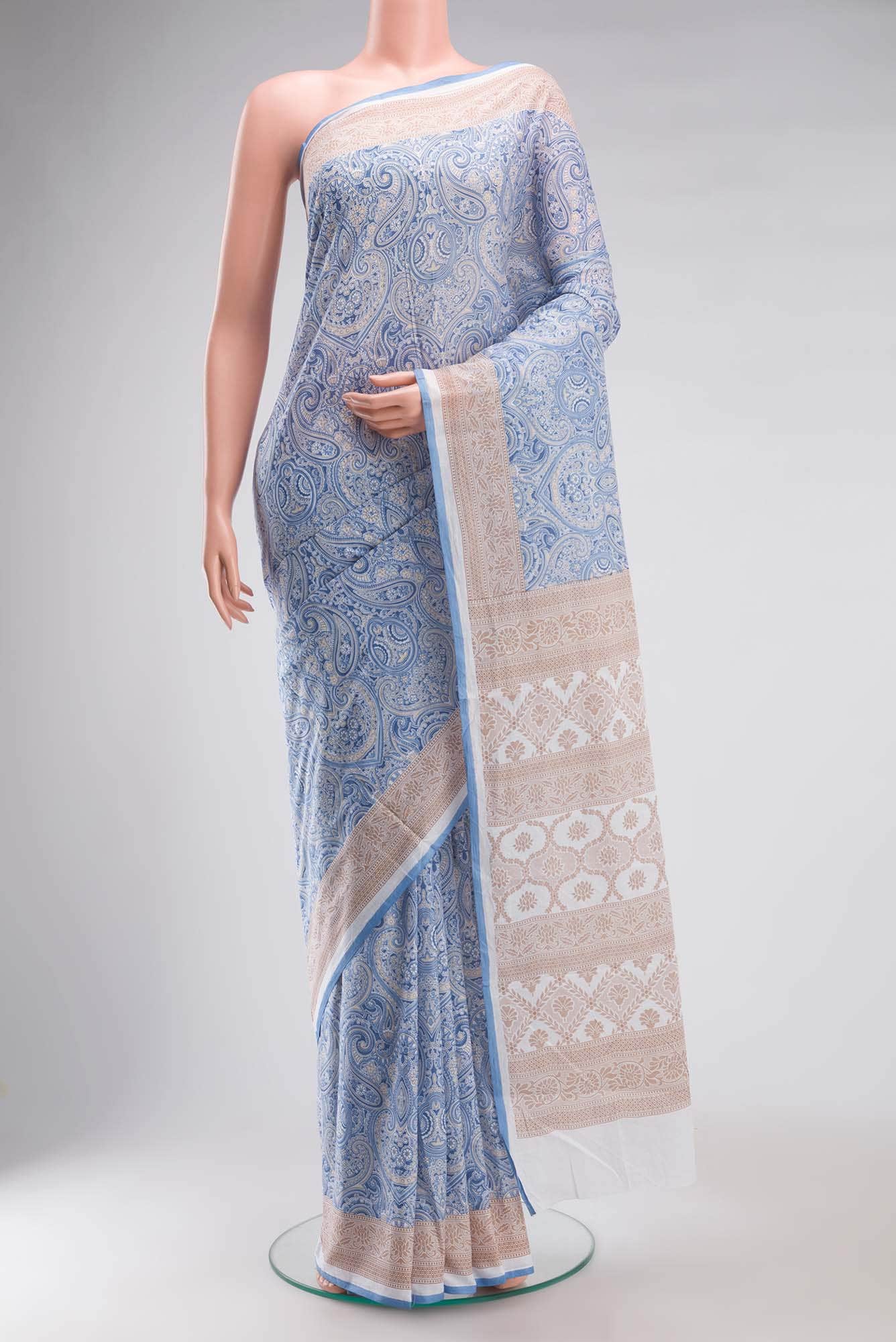 Blue Printed Cotton Saree with Contrast Border