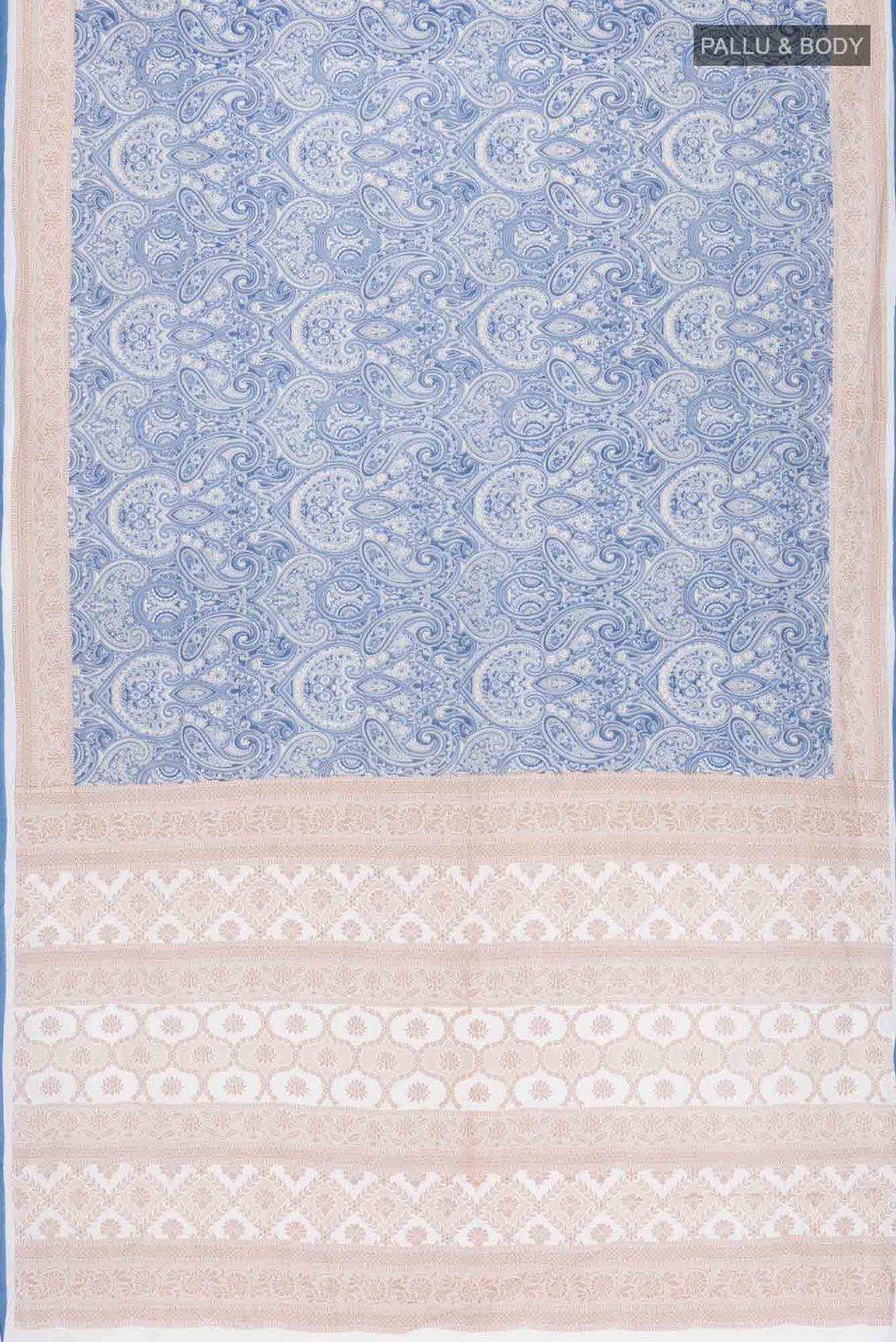 Blue Printed Cotton Saree with Contrast Border