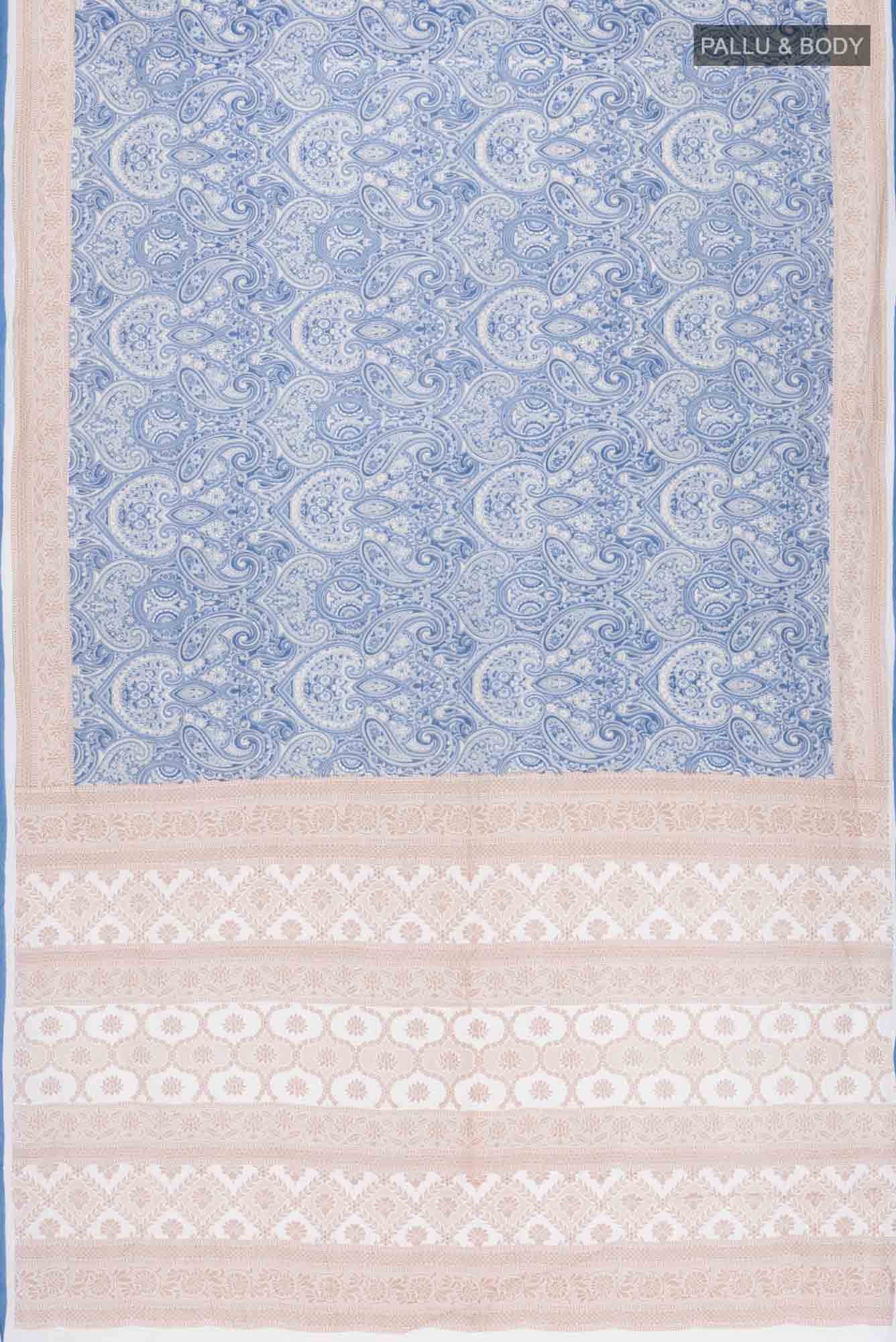 Blue Printed Cotton Saree with Contrast Border