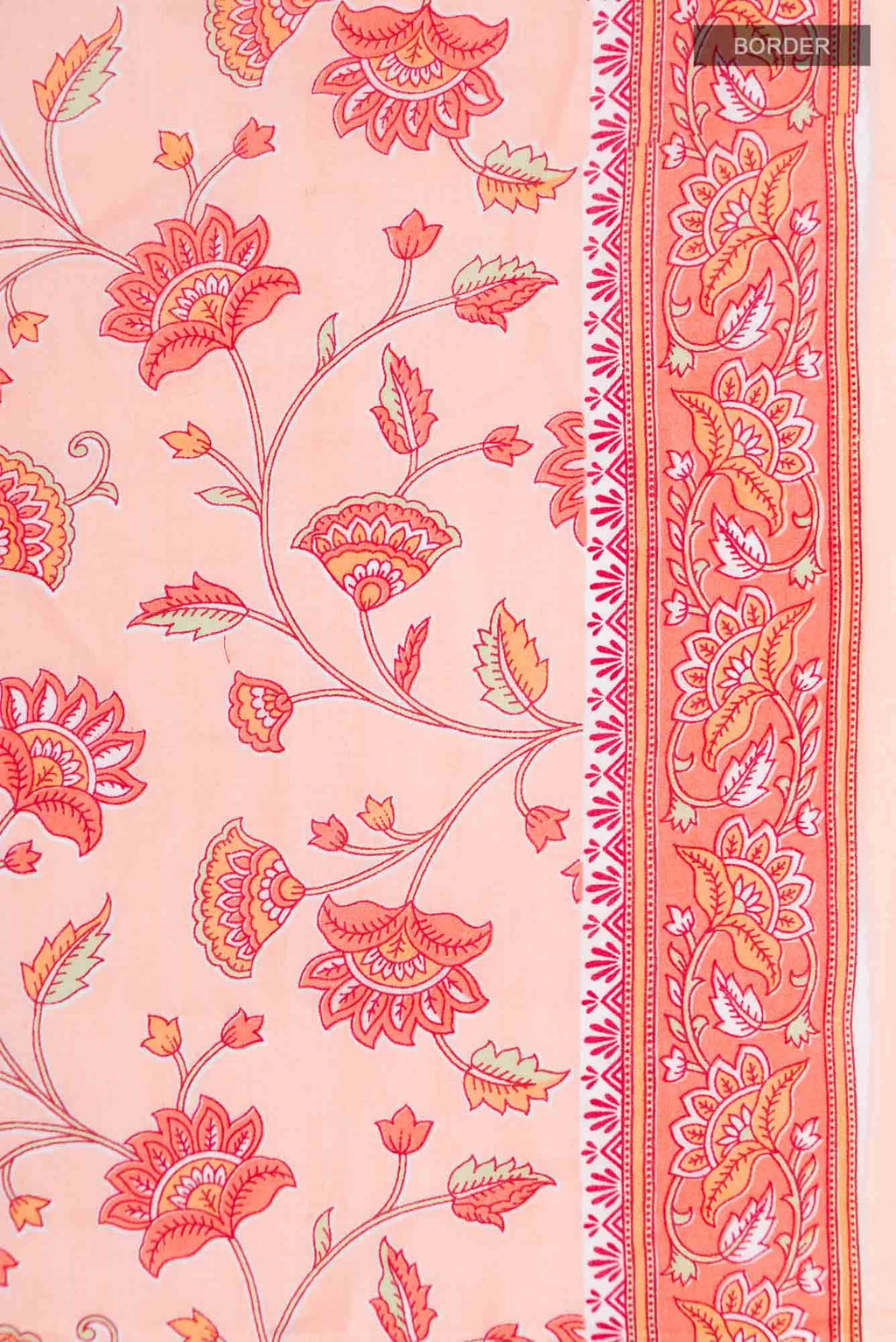 Peach Flower Printed Cotton Saree with Contrast Border