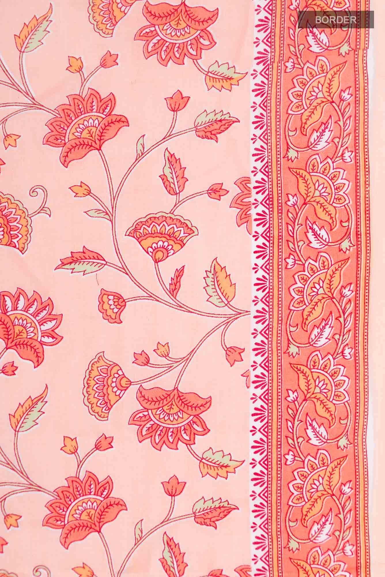 Peach Flower Printed Cotton Saree with Contrast Border