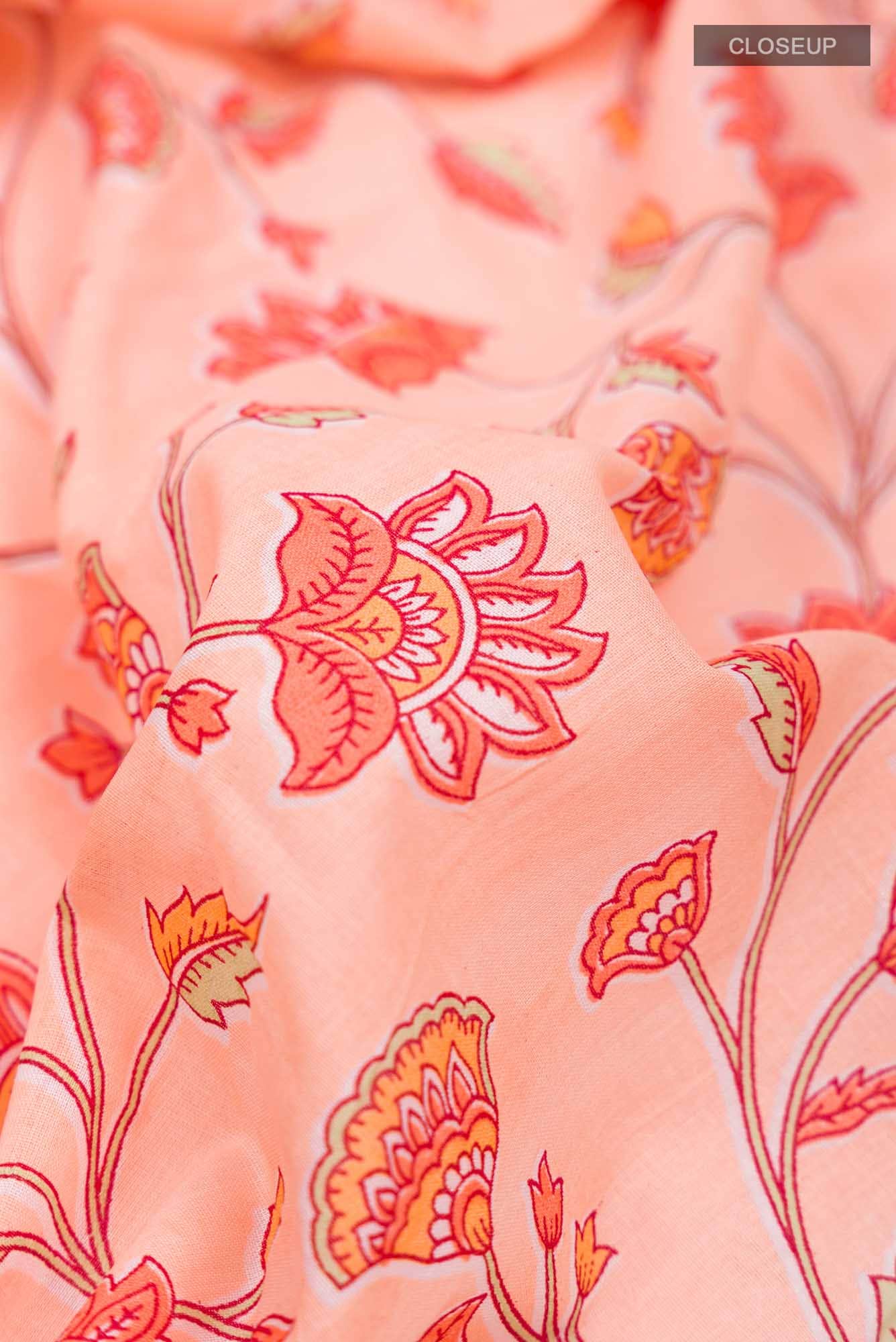 Peach Flower Printed Cotton Saree with Contrast Border