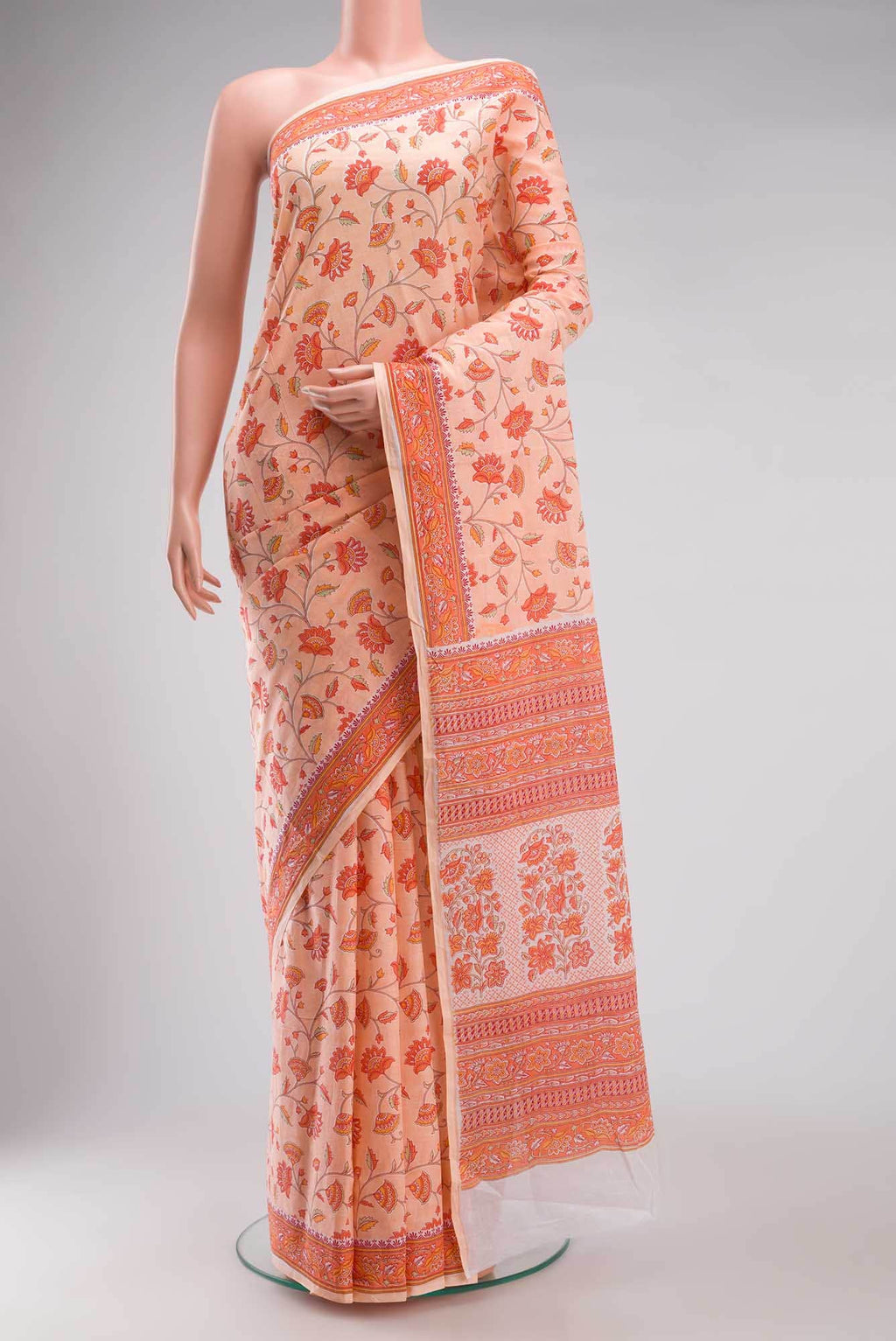 Peach Flower Printed Cotton Saree with Contrast Border