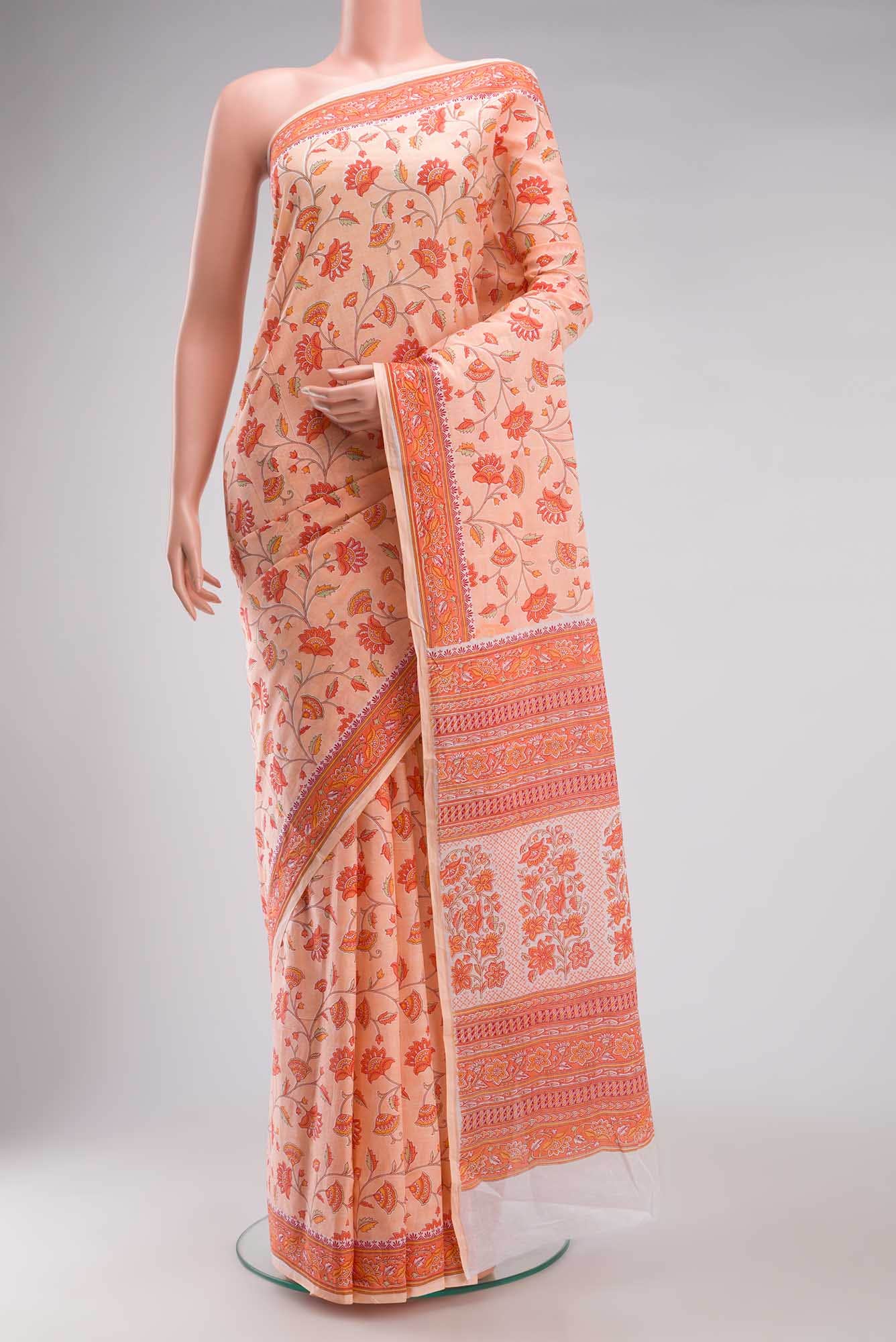Peach Flower Printed Cotton Saree with Contrast Border