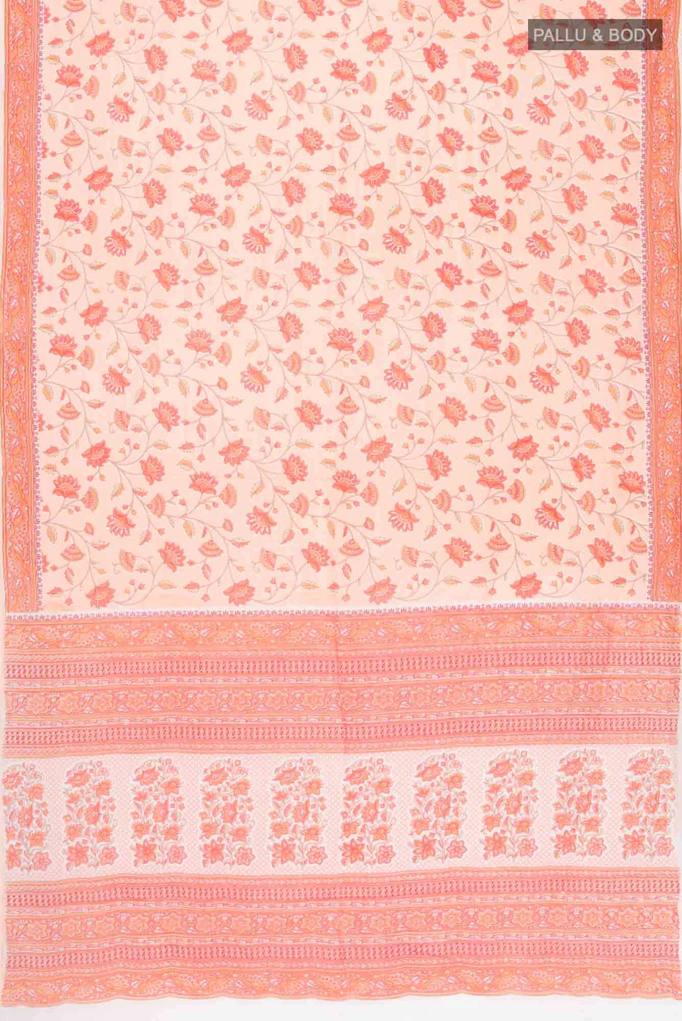 Peach Flower Printed Cotton Saree with Contrast Border