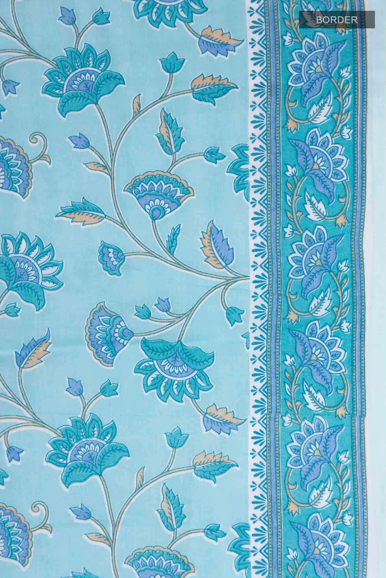 Blue Flower Printed Cotton Saree with Contrast Border