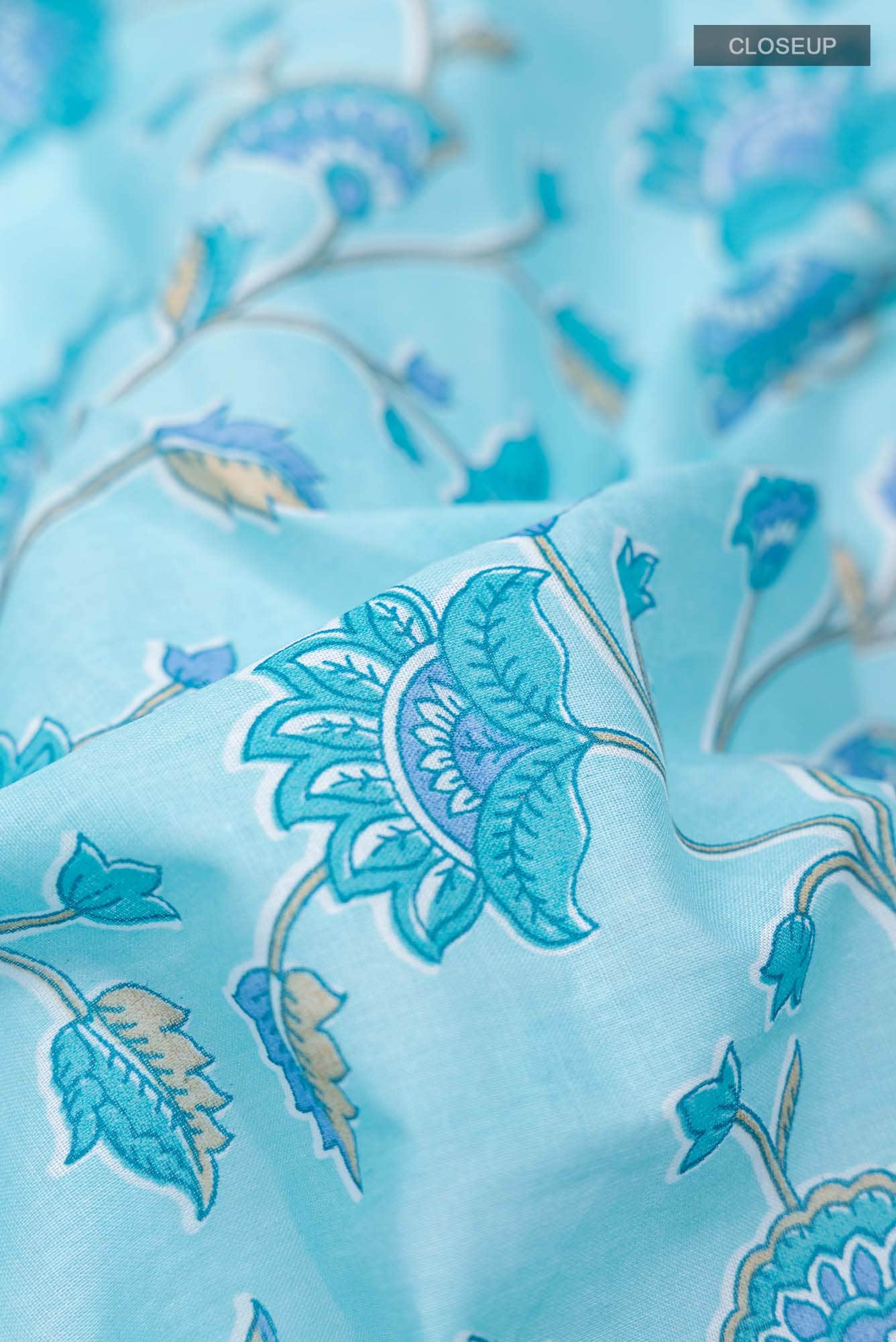 Blue Flower Printed Cotton Saree with Contrast Border