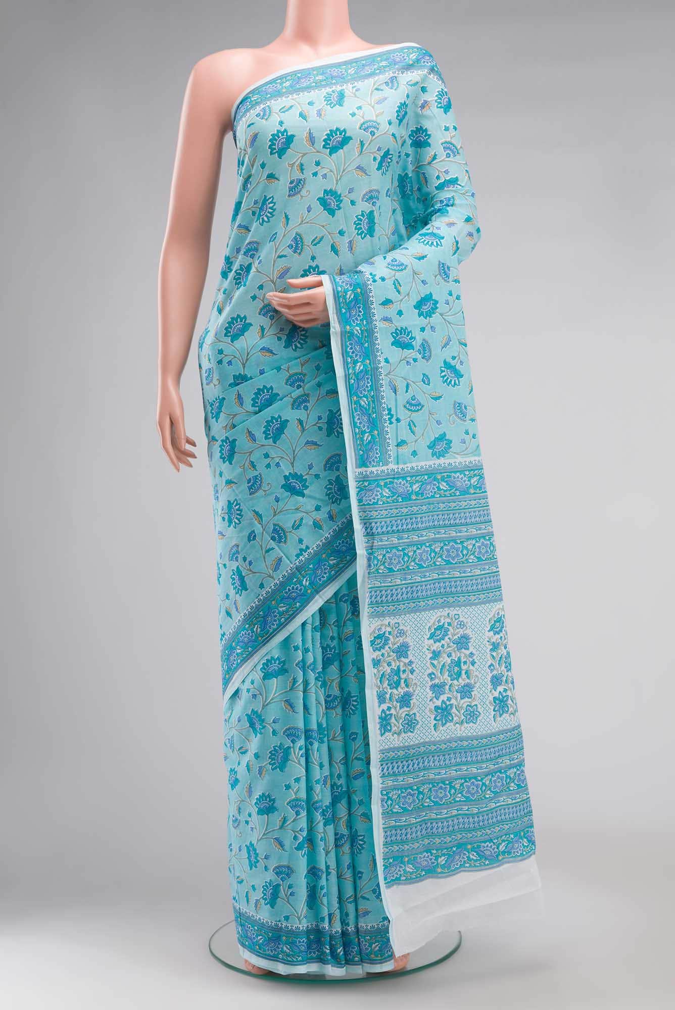 Blue Flower Printed Cotton Saree with Contrast Border