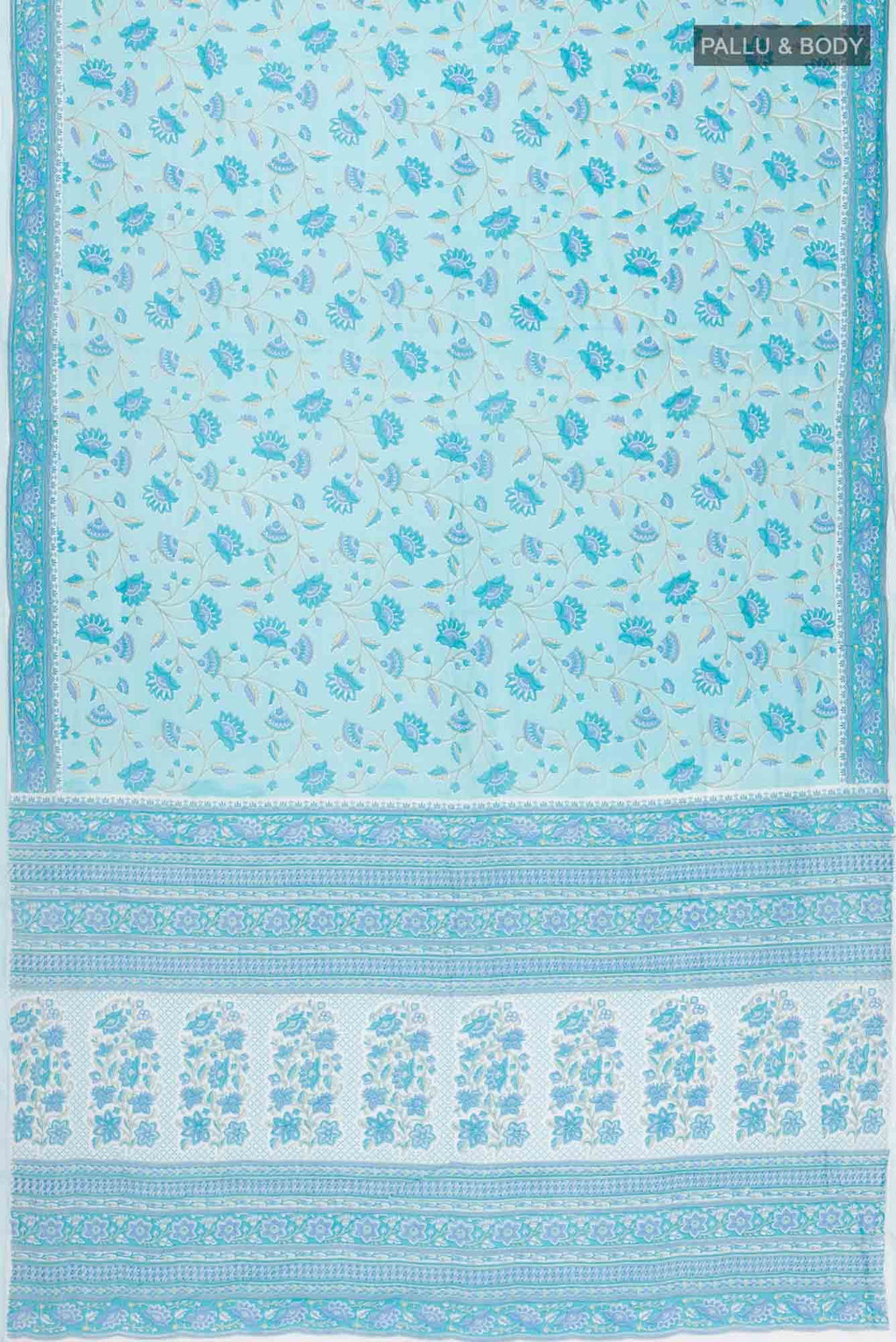 Blue Flower Printed Cotton Saree with Contrast Border