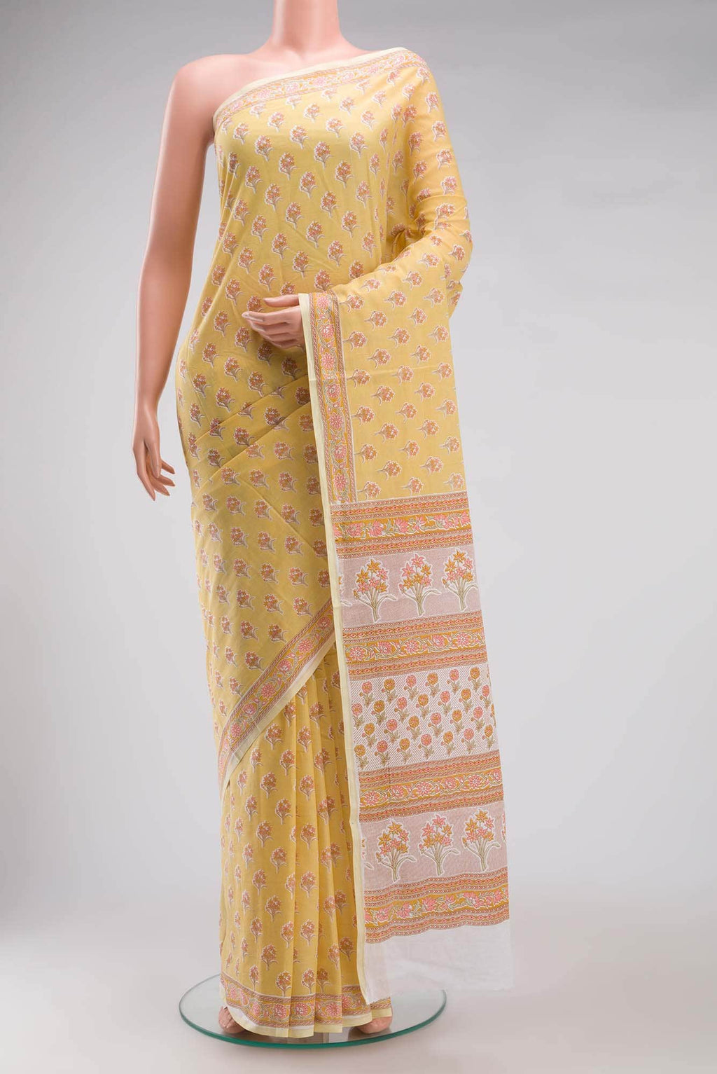 Yellow Printed Cotton Saree with Contrast Border