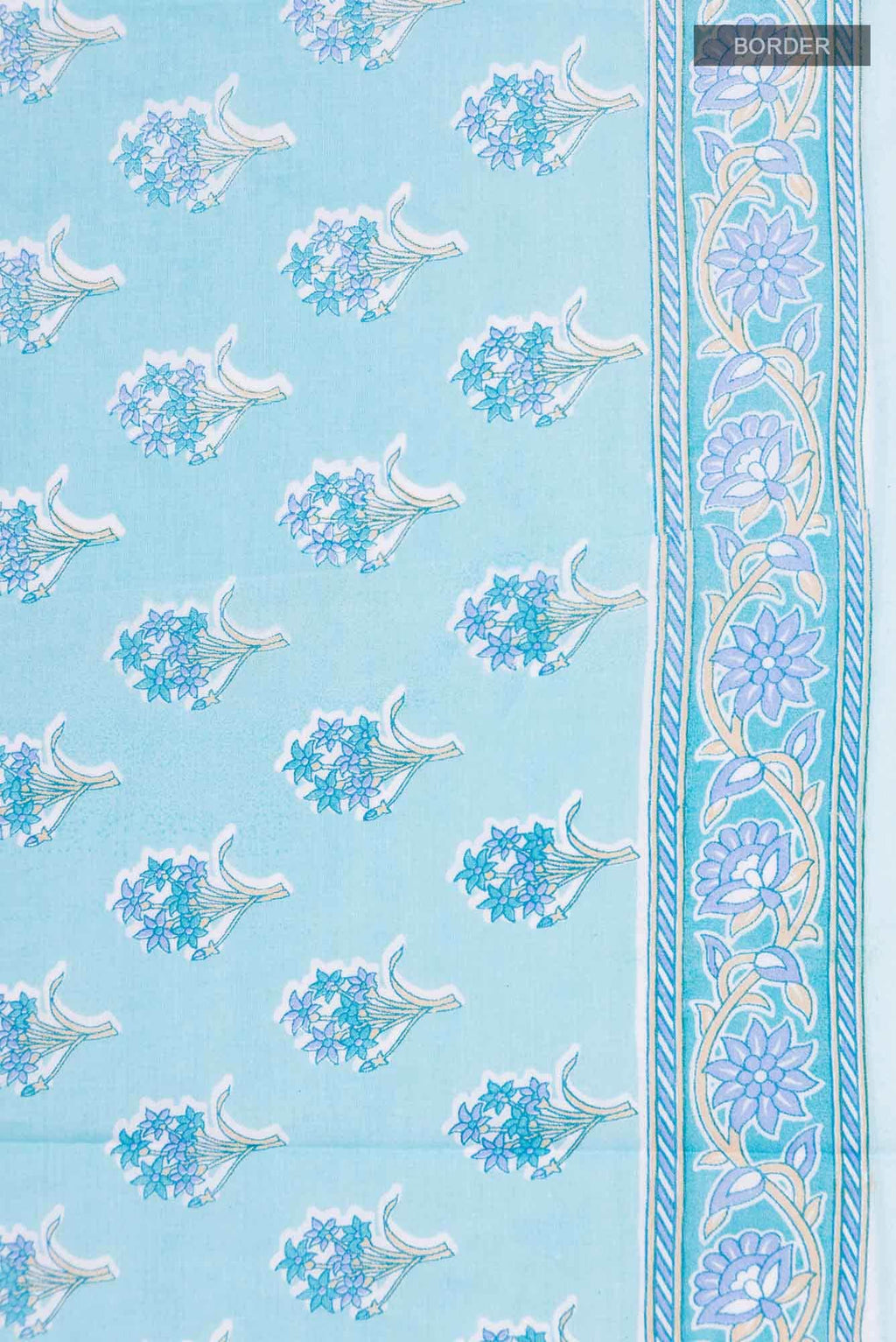 Blue Printed Cotton Saree with Contrast Border