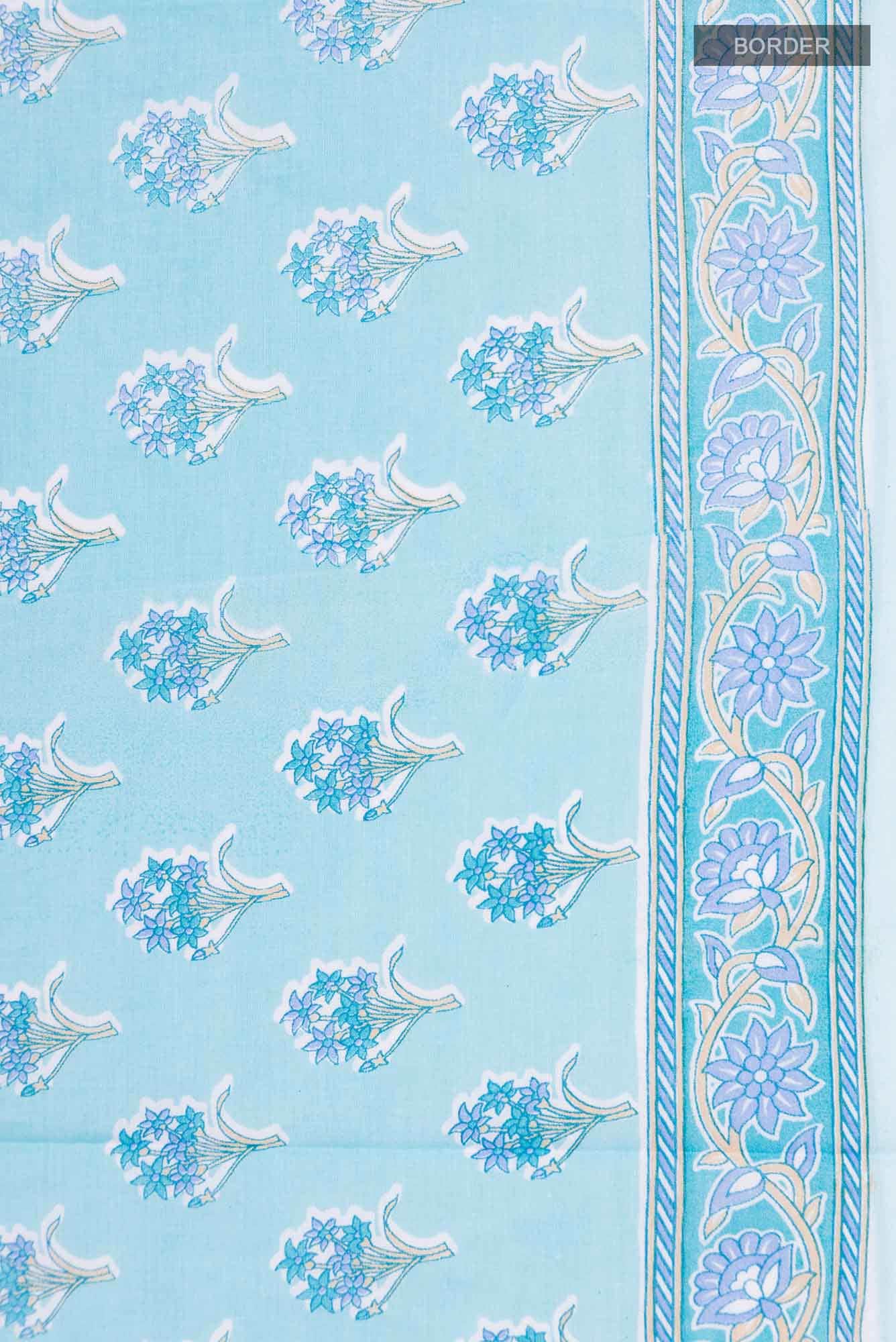 Blue Printed Cotton Saree with Contrast Border