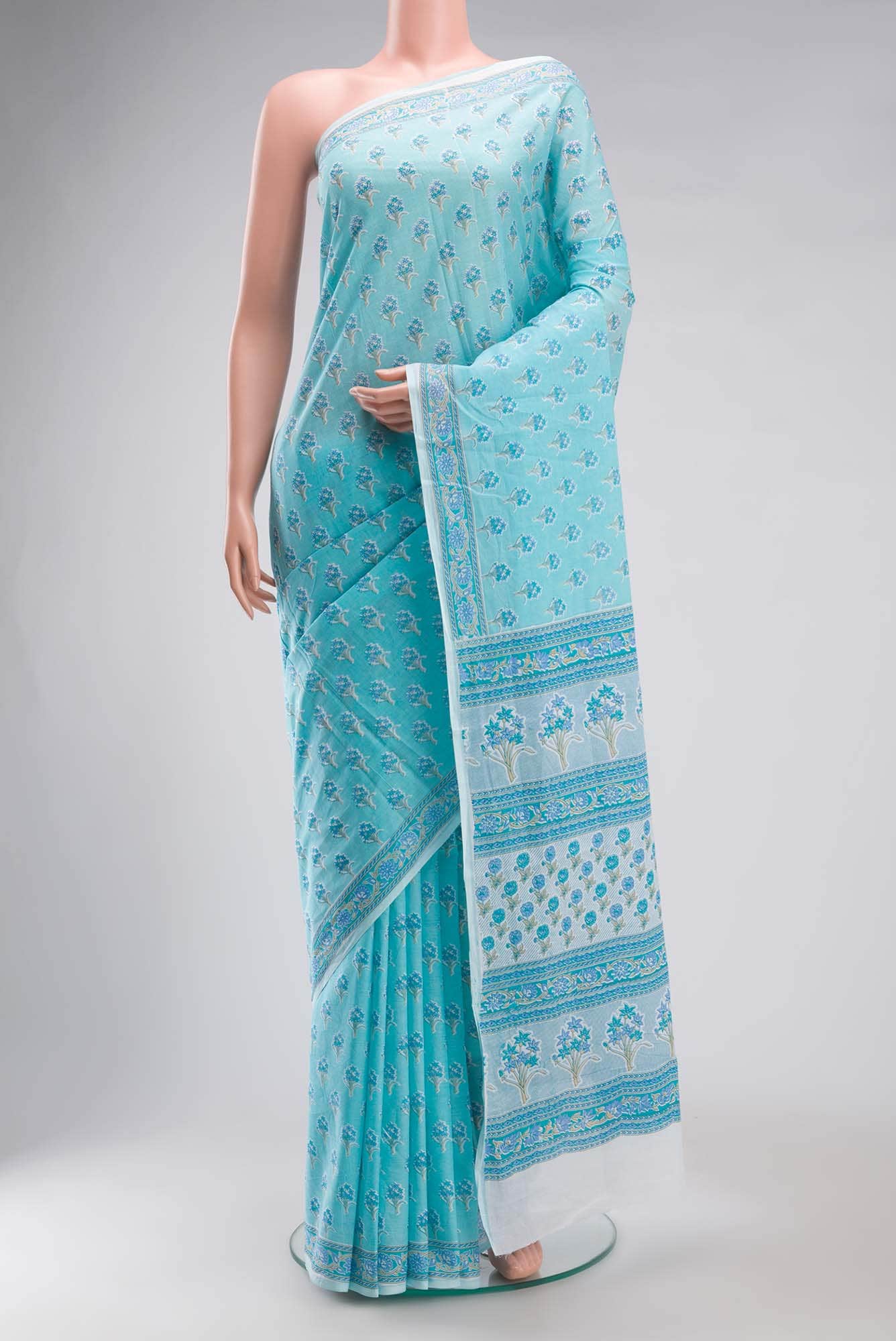 Blue Printed Cotton Saree with Contrast Border