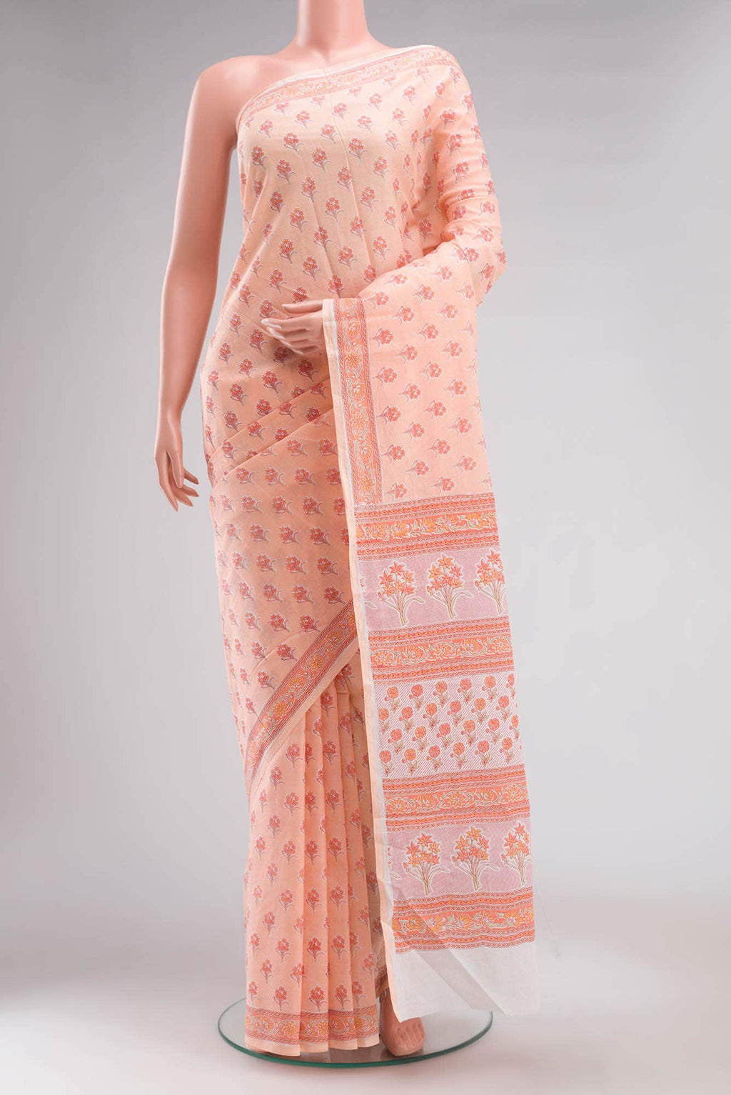 Peach Printed Cotton Saree with Contrast Border
