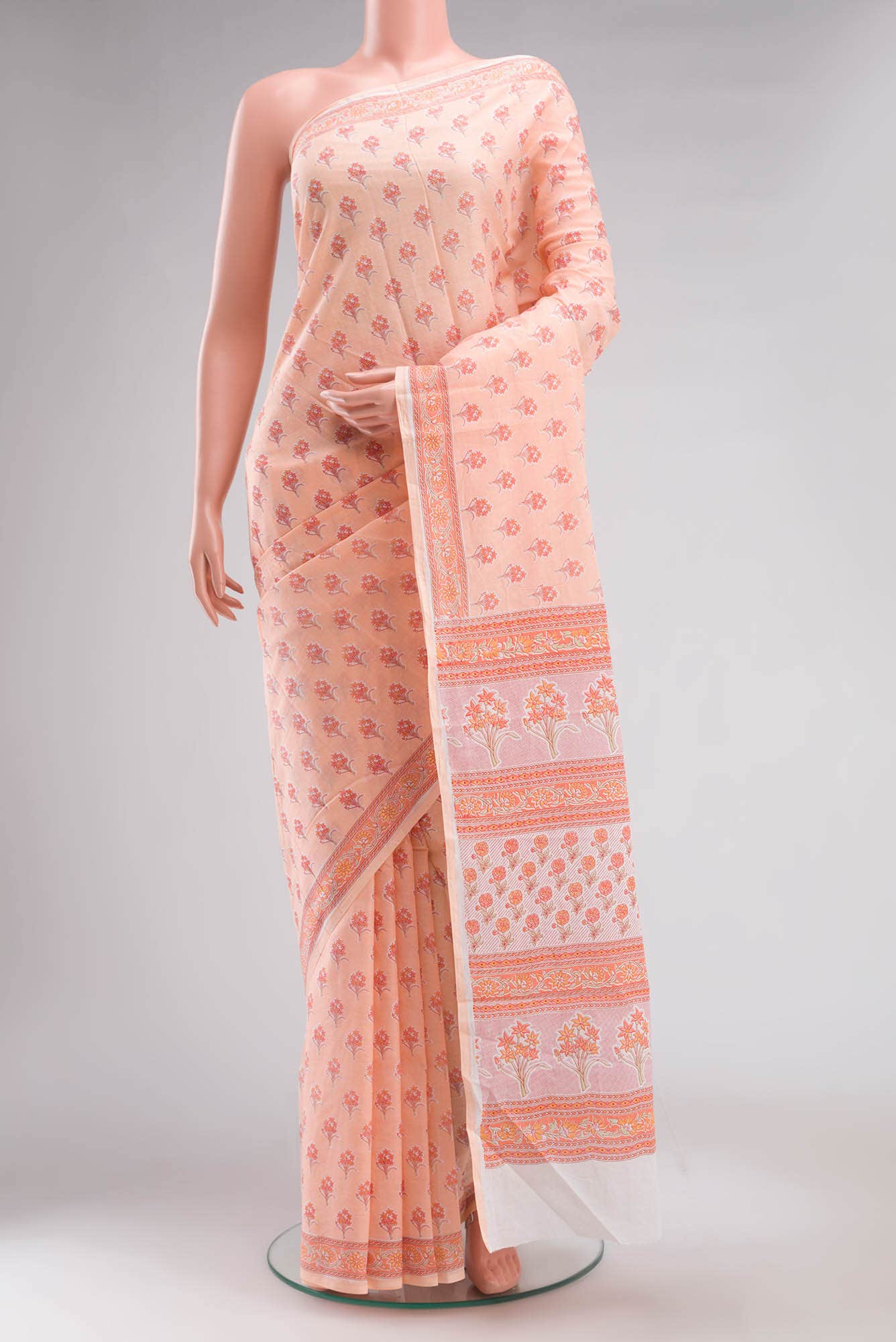 Peach Printed Cotton Saree with Contrast Border