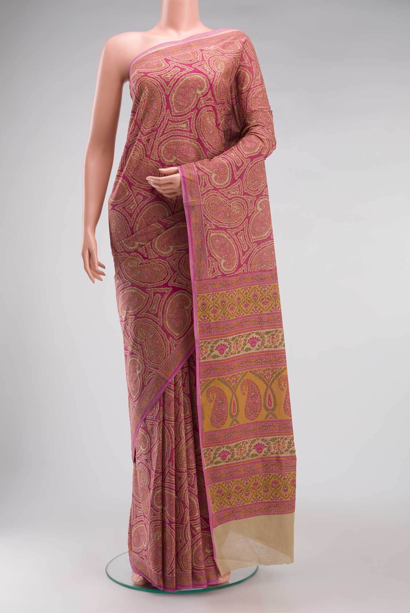 Beige Printed Cotton Saree