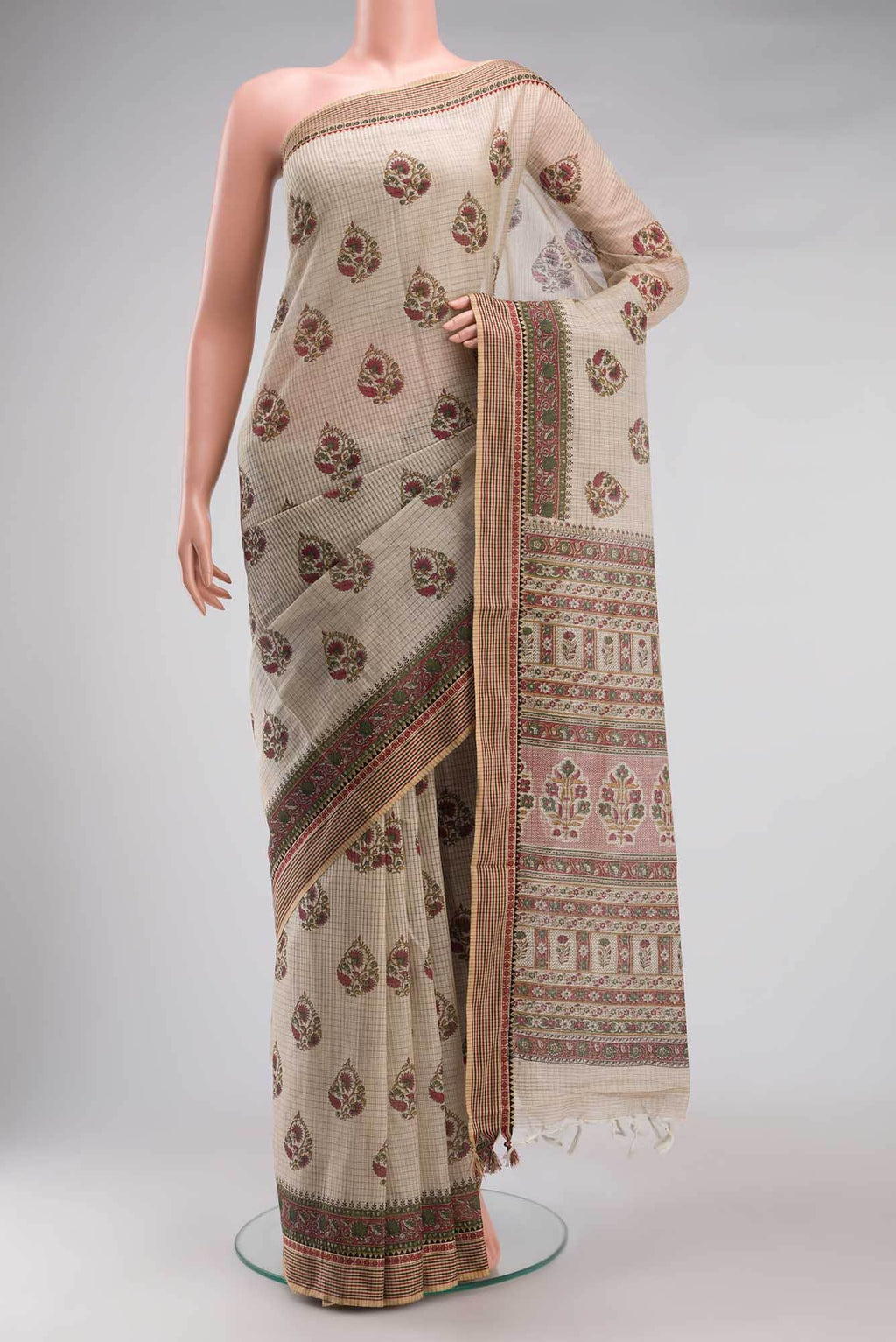 Beige Printed Butta Cotton Saree