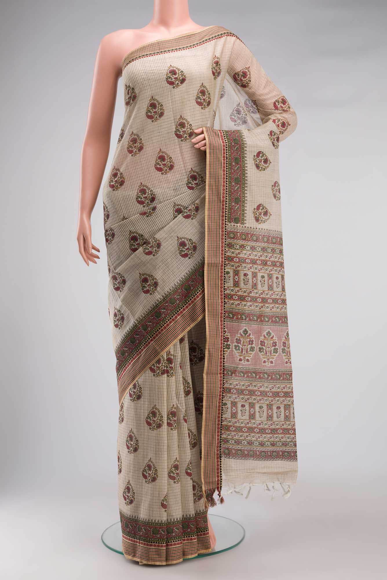 Beige Printed Butta Cotton Saree