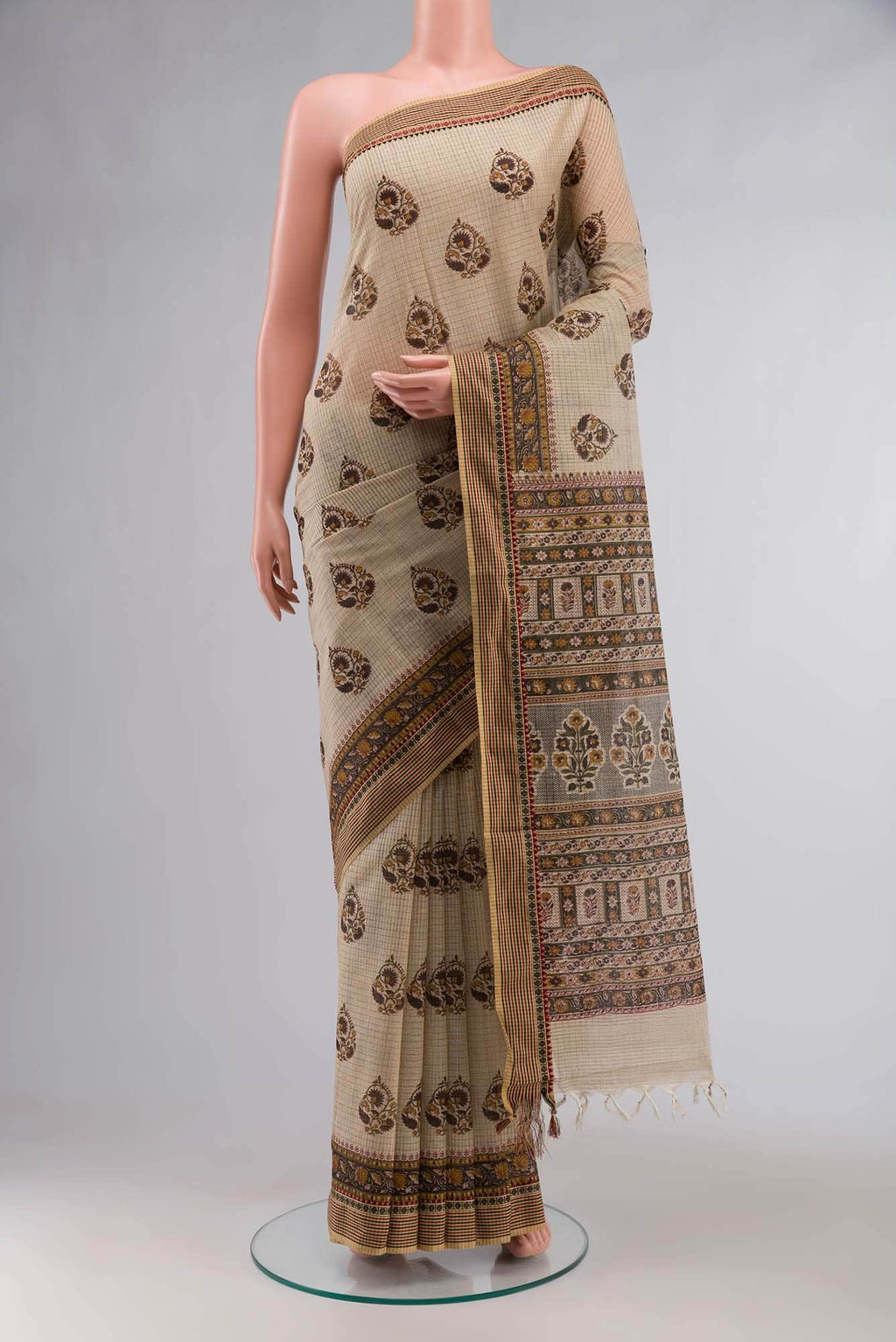 Beige Printed Butta Cotton Saree