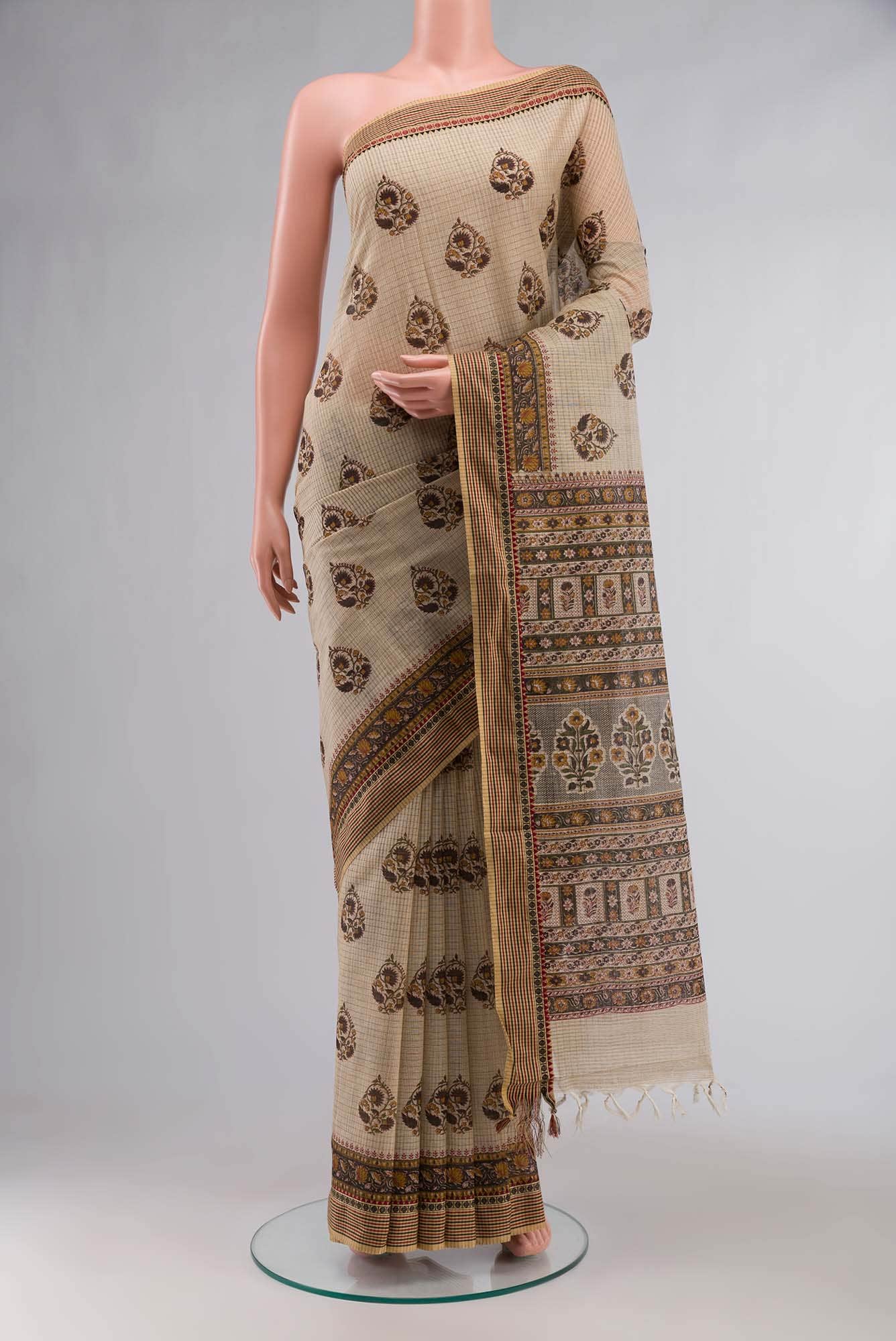 Beige Printed Butta Cotton Saree