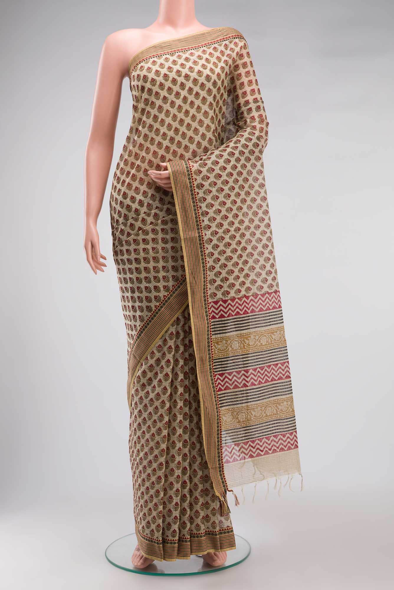 Beige Printed Small Butta Cotton Saree