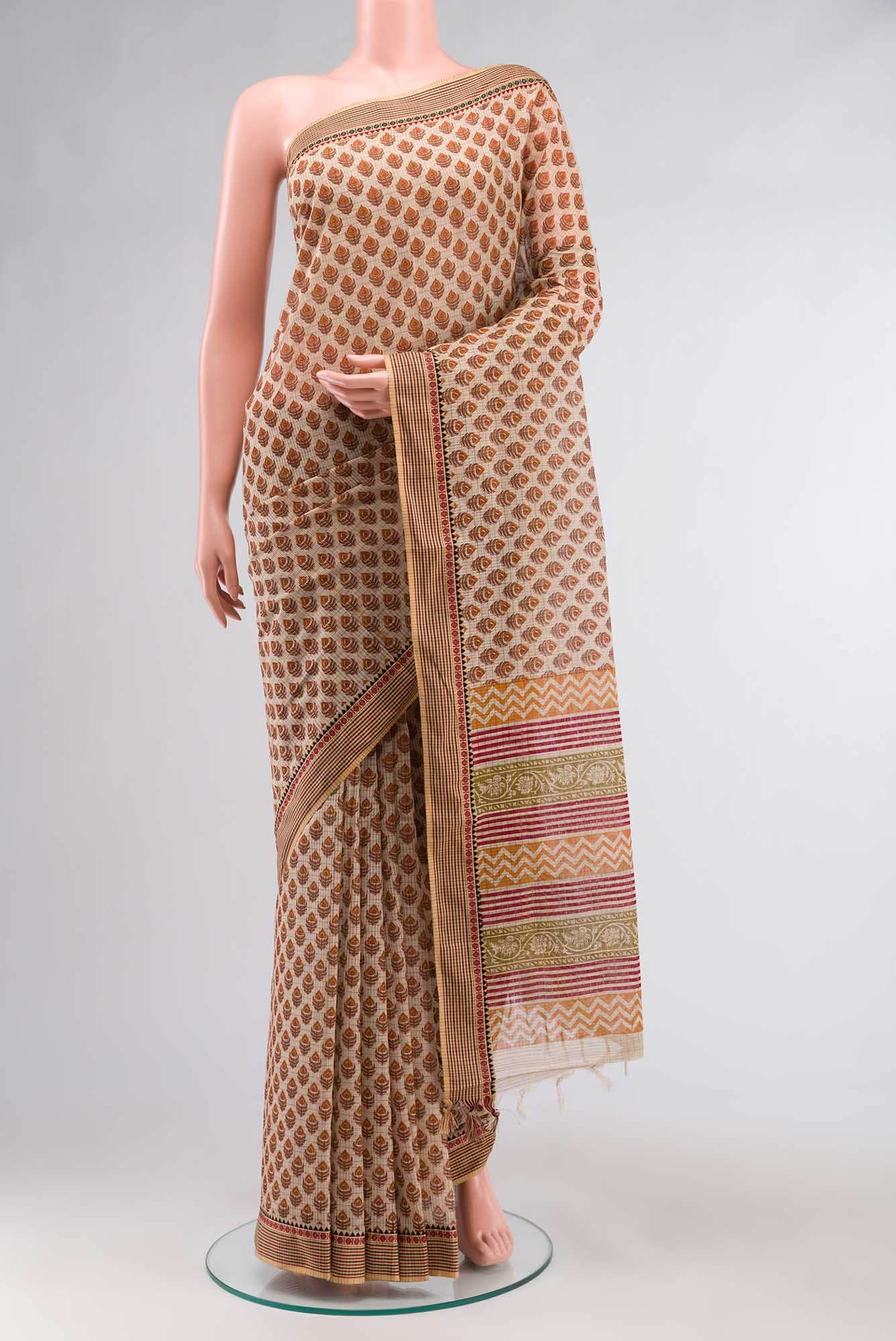 Beige Printed Small Butta Cotton Saree