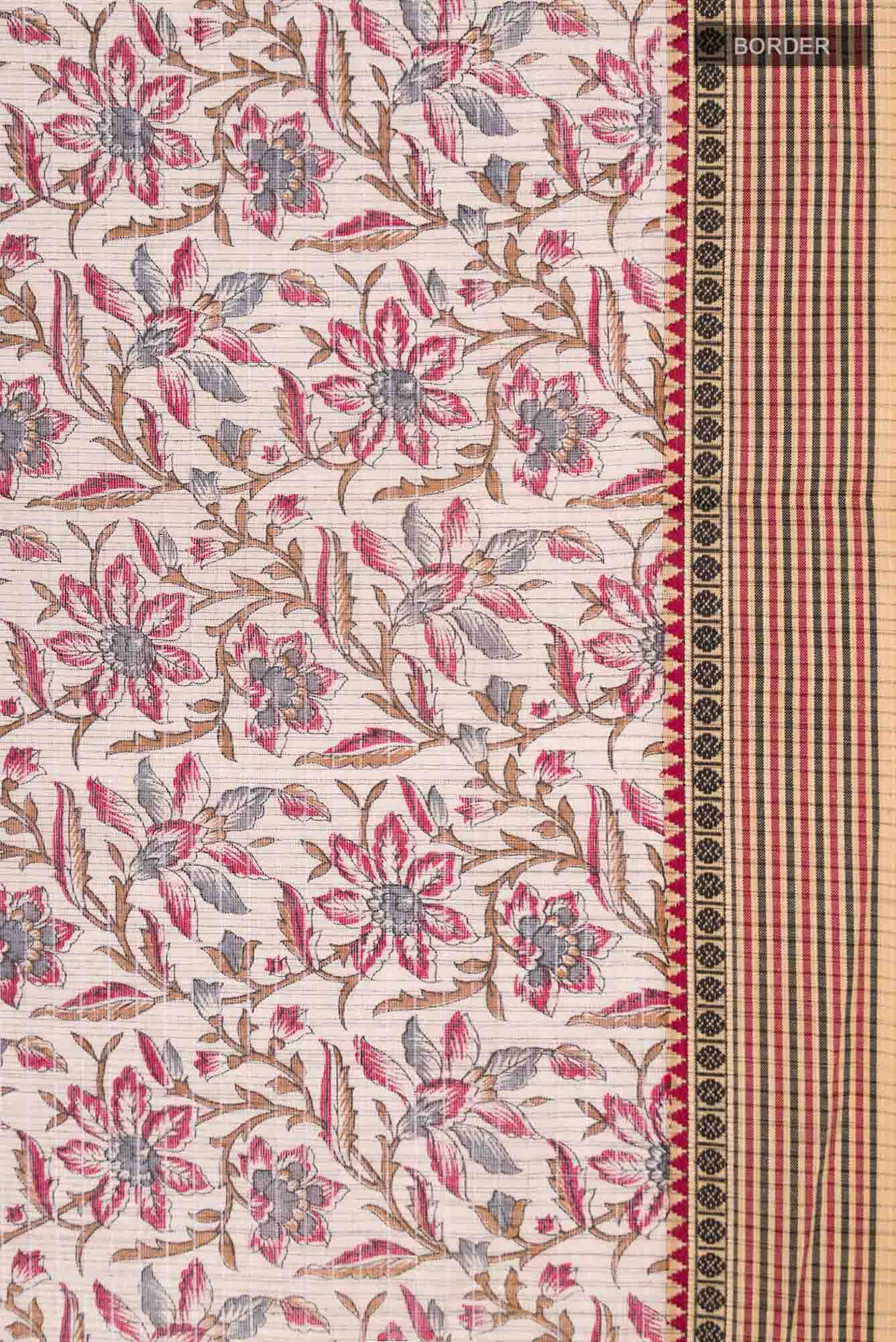 Beige Kalamkari Printed Cotton Saree