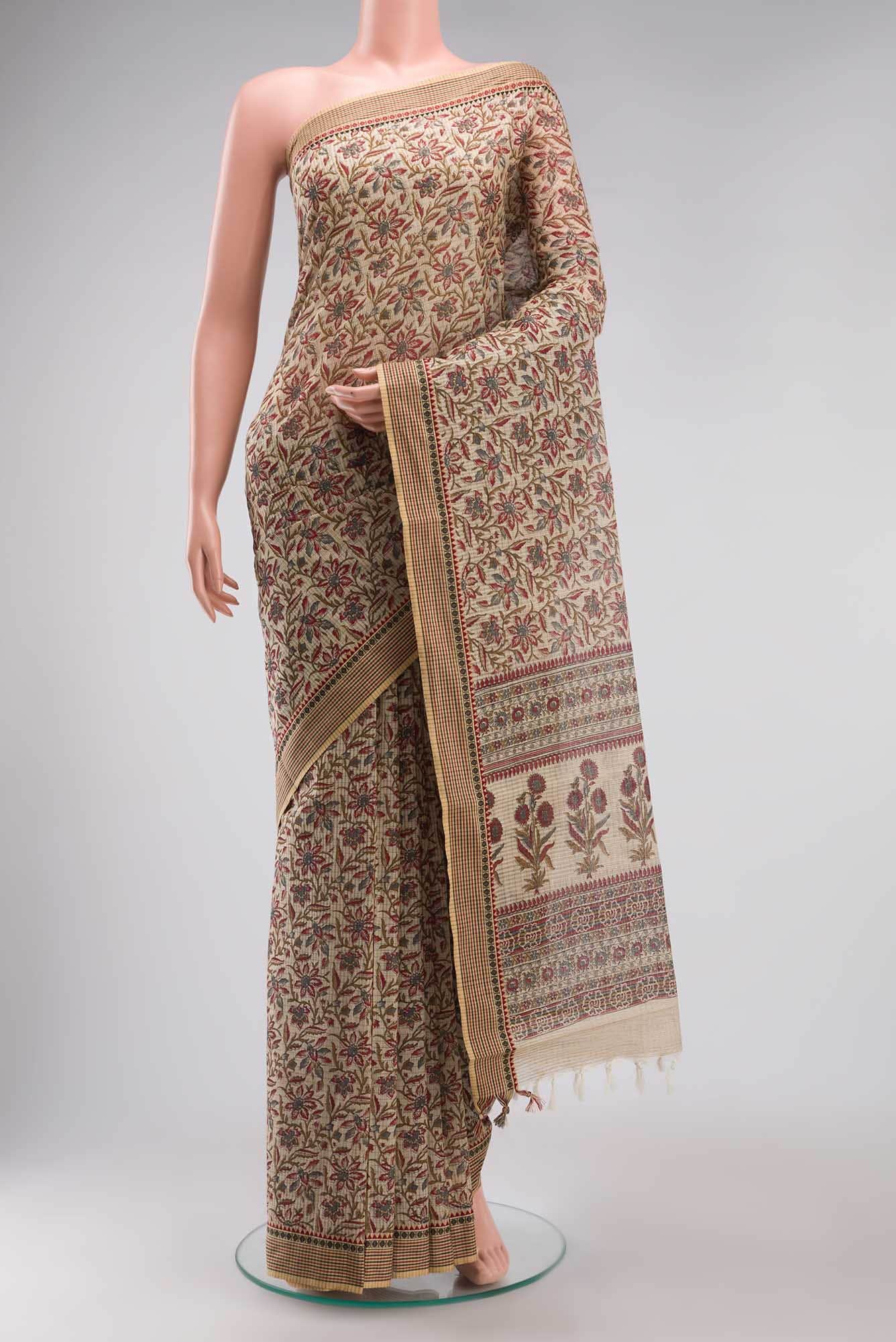 Beige Kalamkari Printed Cotton Saree