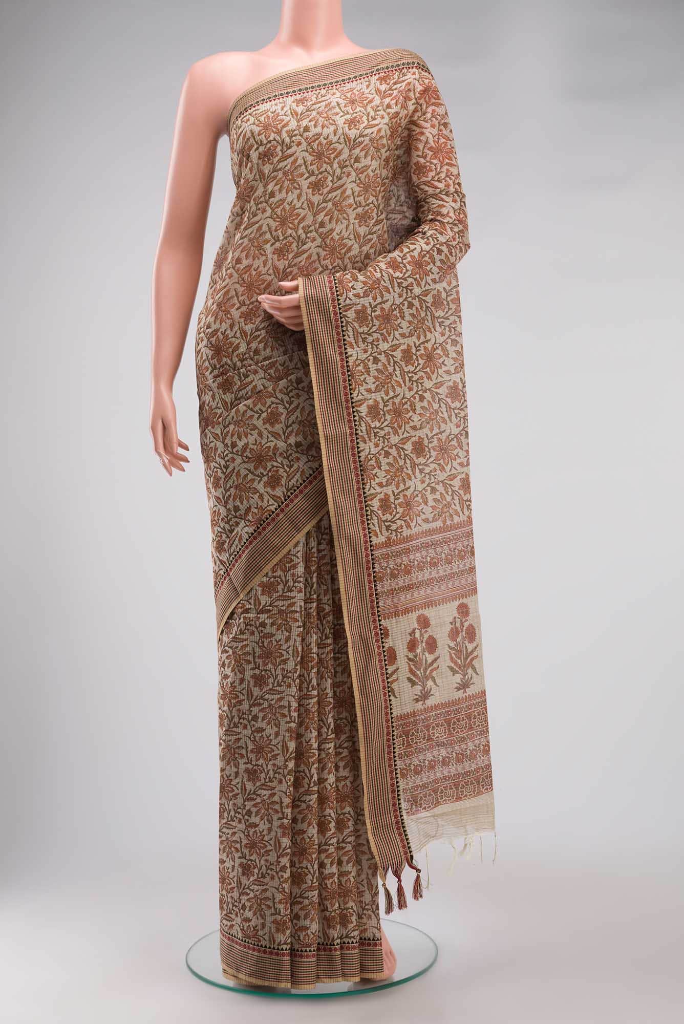 Beige Kalamkari Printed Cotton Saree