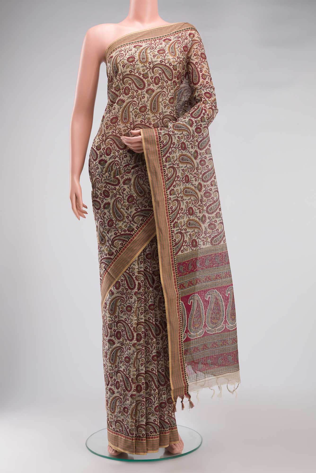 Beige Printed Cotton Saree