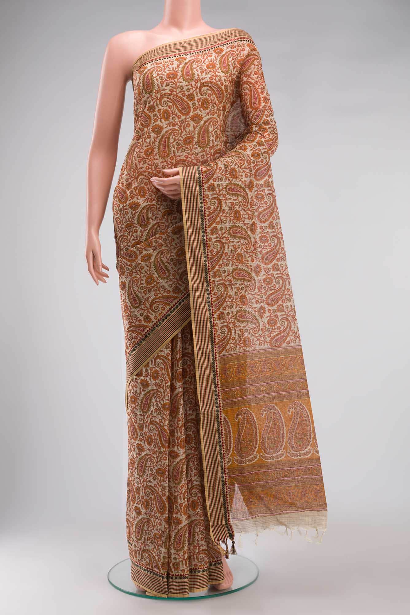 Beige Printed Cotton Saree