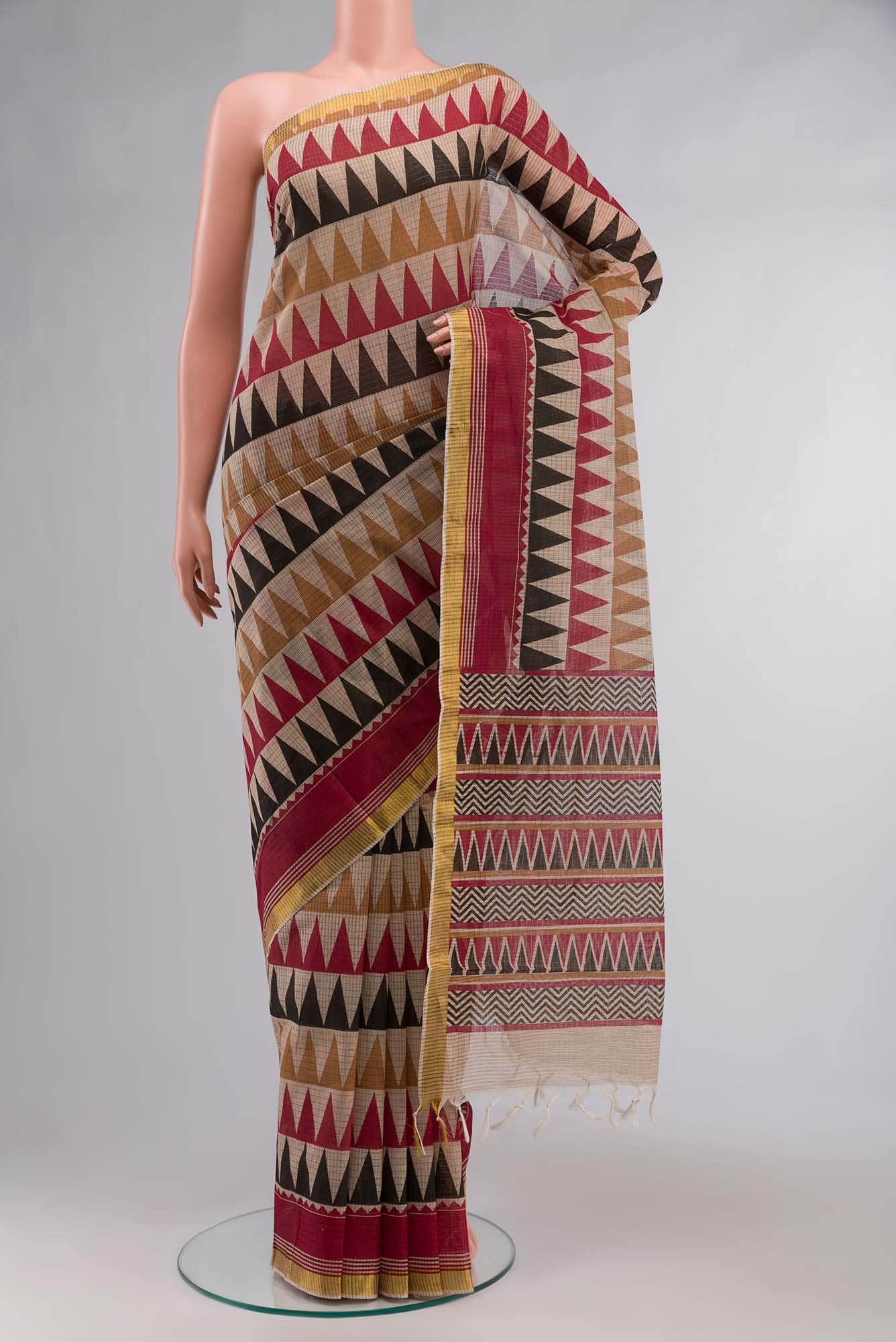 Beige Triangle Printed Cotton Saree