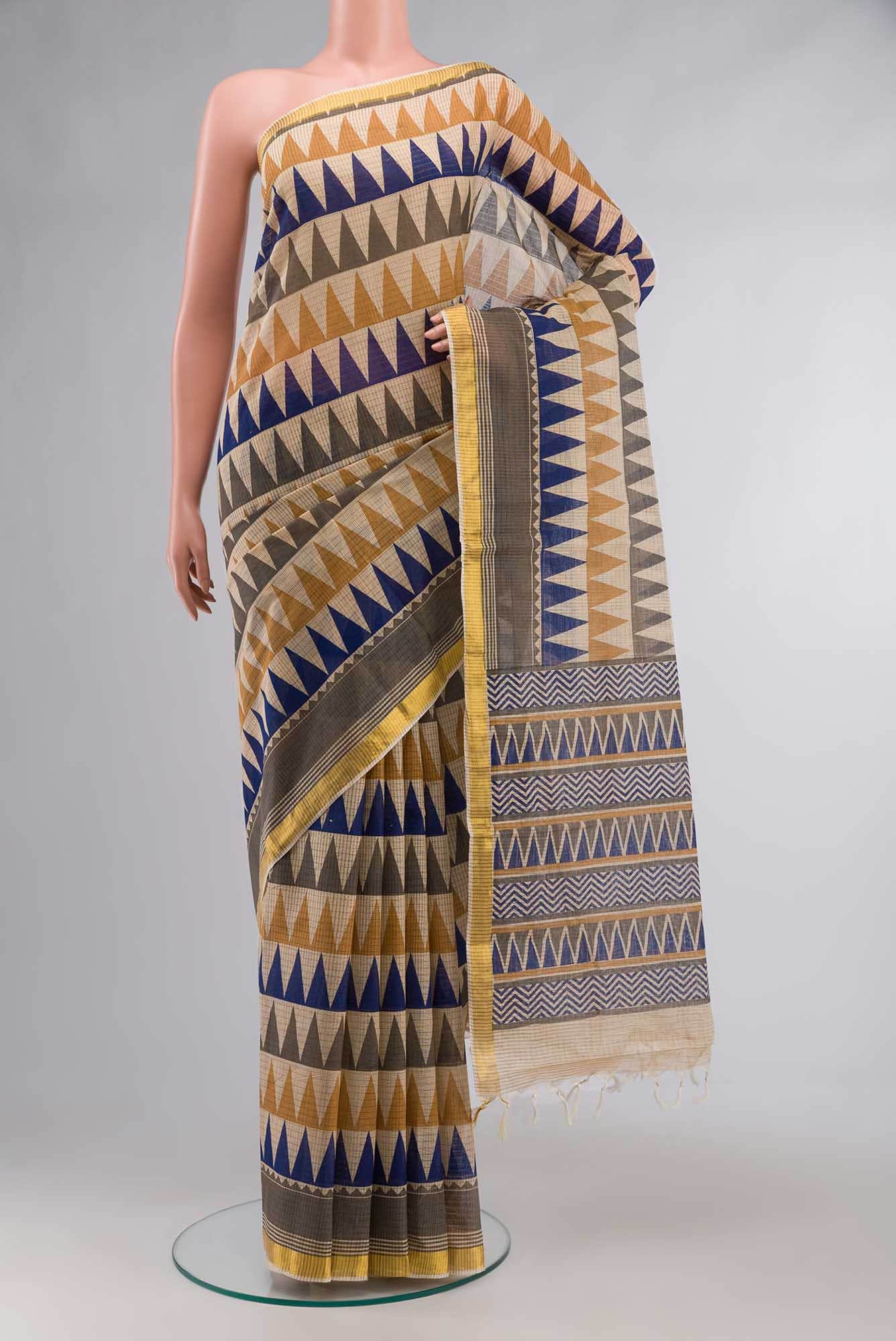 Beige Triangle Printed Cotton Saree